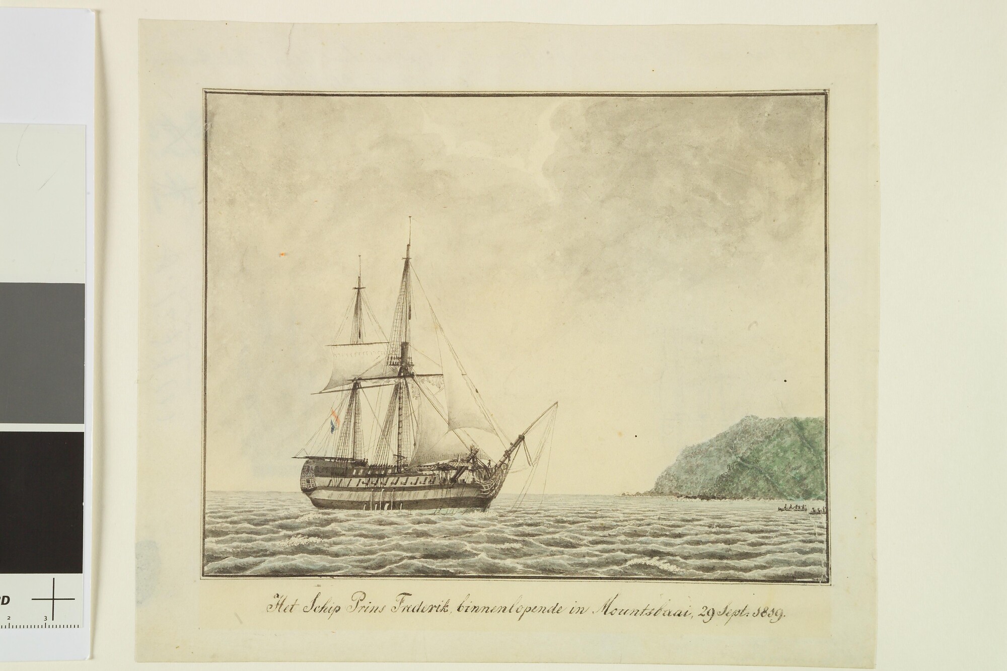 S.1277(01)06; Het linieschip Zr.Ms. 'Prins Frederik' met averij Mountsbaai bij Plymouth; tekening