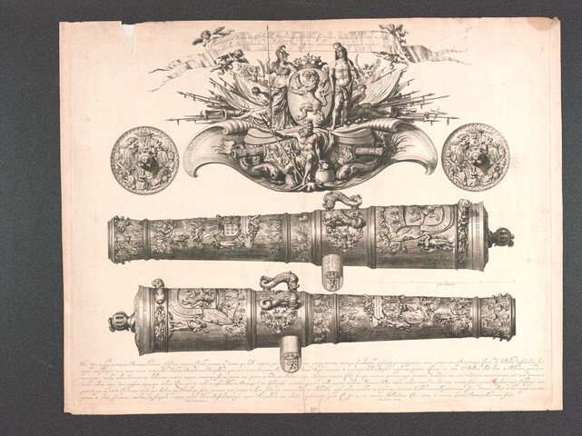 A.1222(12); Twee kanonnen gegoten in 1669 en geschonken aan de Staten door de geschutmaker Alb. Bennings; prent