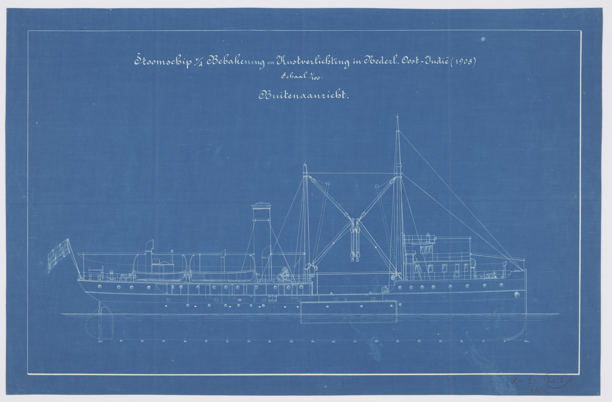 S.0687(02)(02); Zijaanzicht aan stuurboord tot op de kiel van het stoomschip voor de Bebakening en Kustverlichting in Nederlands Oost-Indië Hr.Ms. 'Hoofdinspecteur Zeeman'; technische tekening