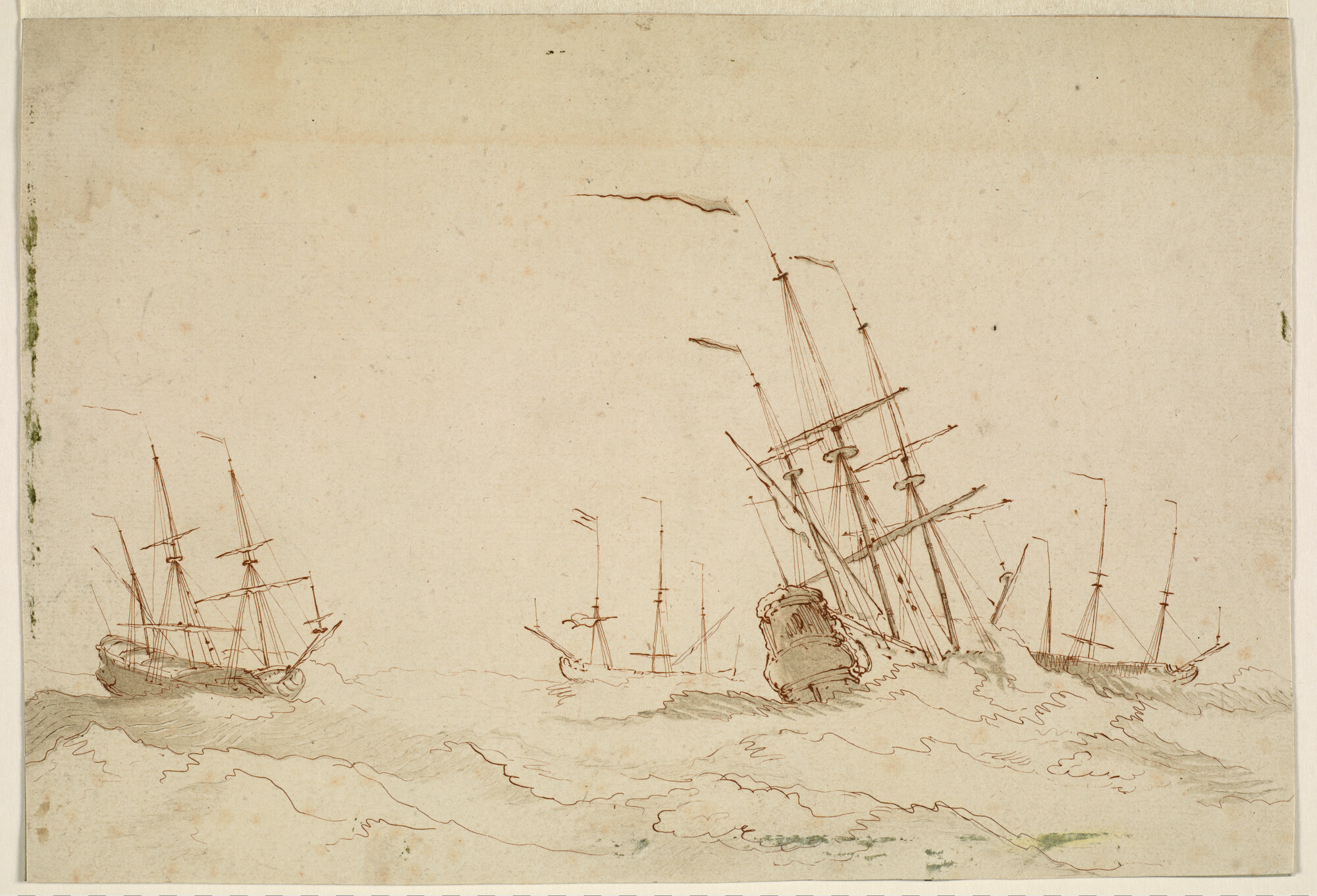 A.1786(01); Vier oorlogsschepen in zwaar weer voor anker; gravure