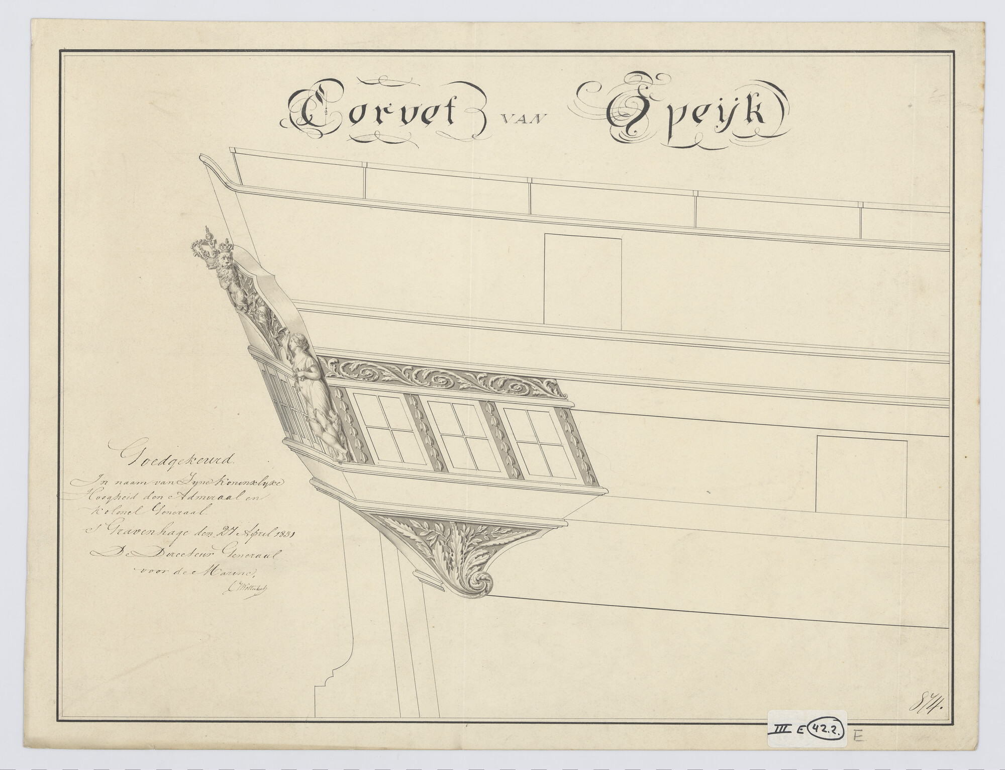 S.1214(0271); Zijgalerij van het kuilkorvet Zr.Ms 'Van Speyk'; technische tekening