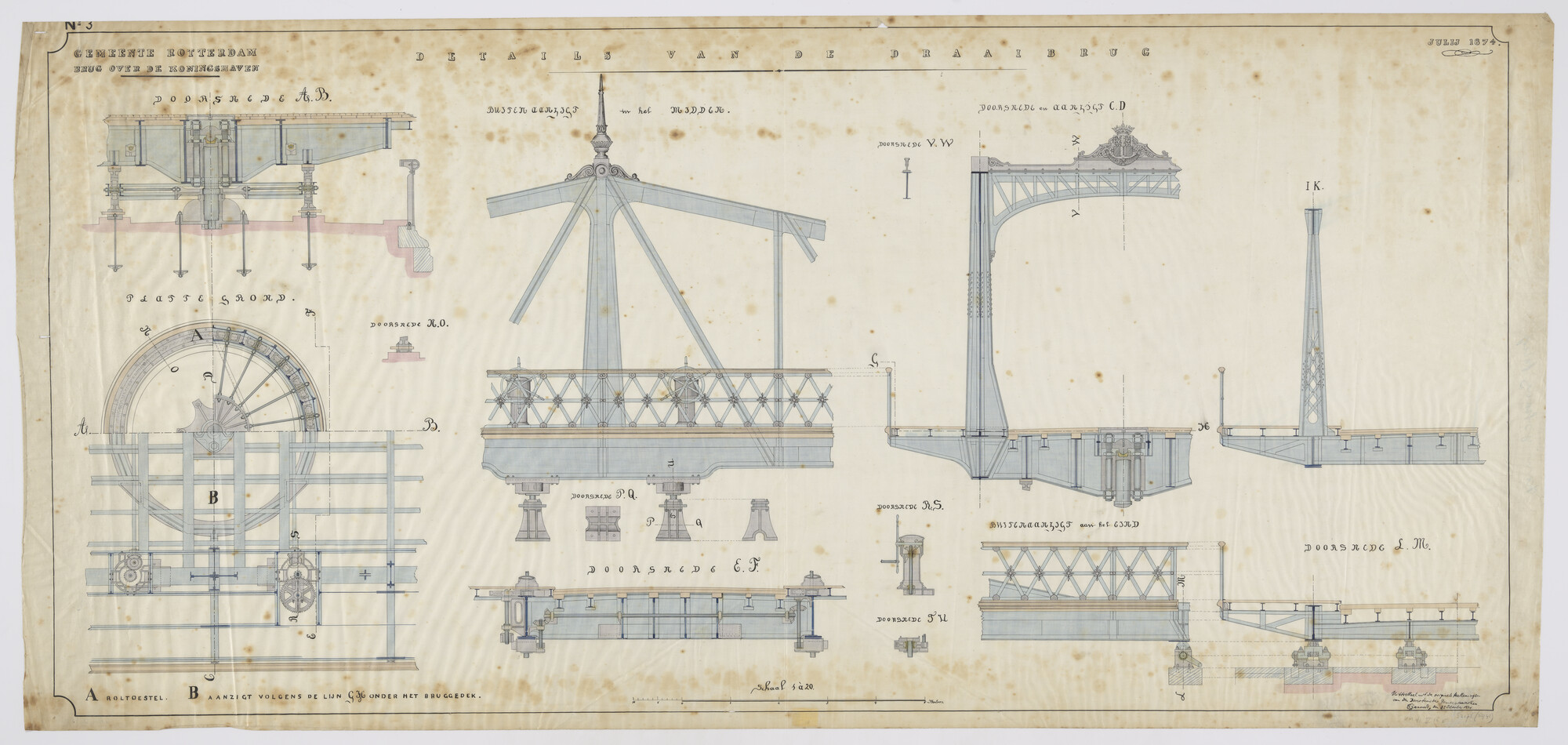 S.2175(5441); Doorsneden en aanzichten van details van de brug over de Koningshaven te Rotterdam; technische tekening