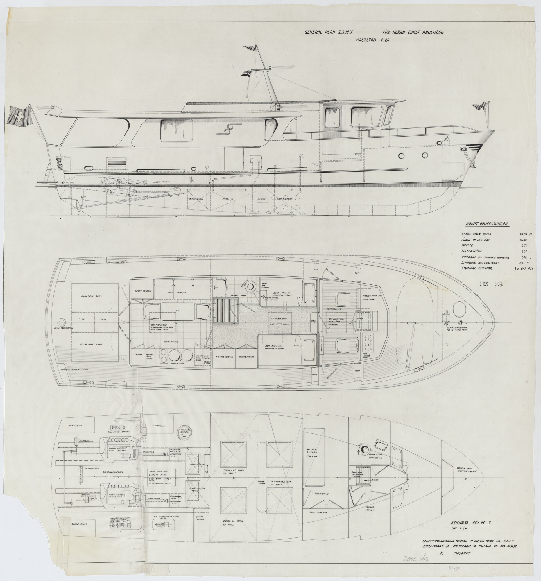2003.1163; Algemeen plan van een 15.50 meter lang motorjacht; technische tekening