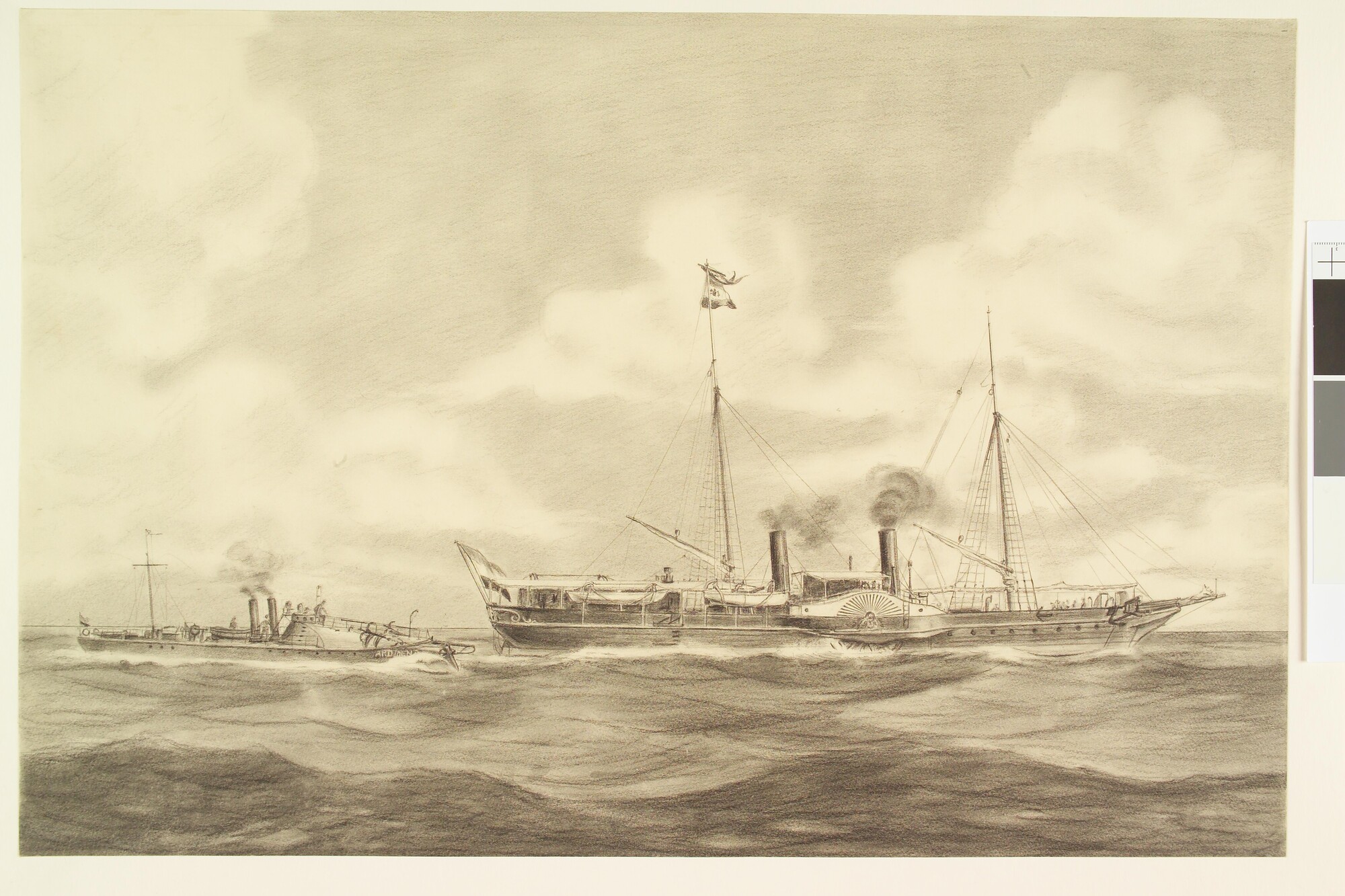 S.1187(03); Torpedoboot Zr.Ms. 'Ardjoeno' en raderstoomschip  Zr.Ms. "Valk"; tekening