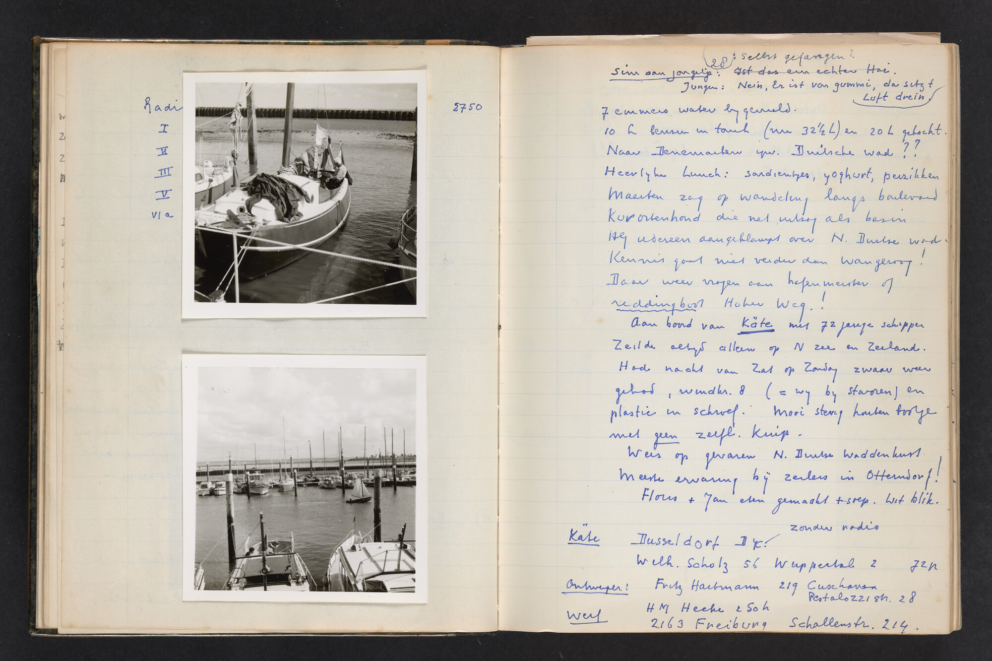 2017.0802; Logboek c.q. fotoalbum van reizen met zeeschouw Grutto (II) in Nederland, Duitsland en Denemarken, 1973-1974; logboek