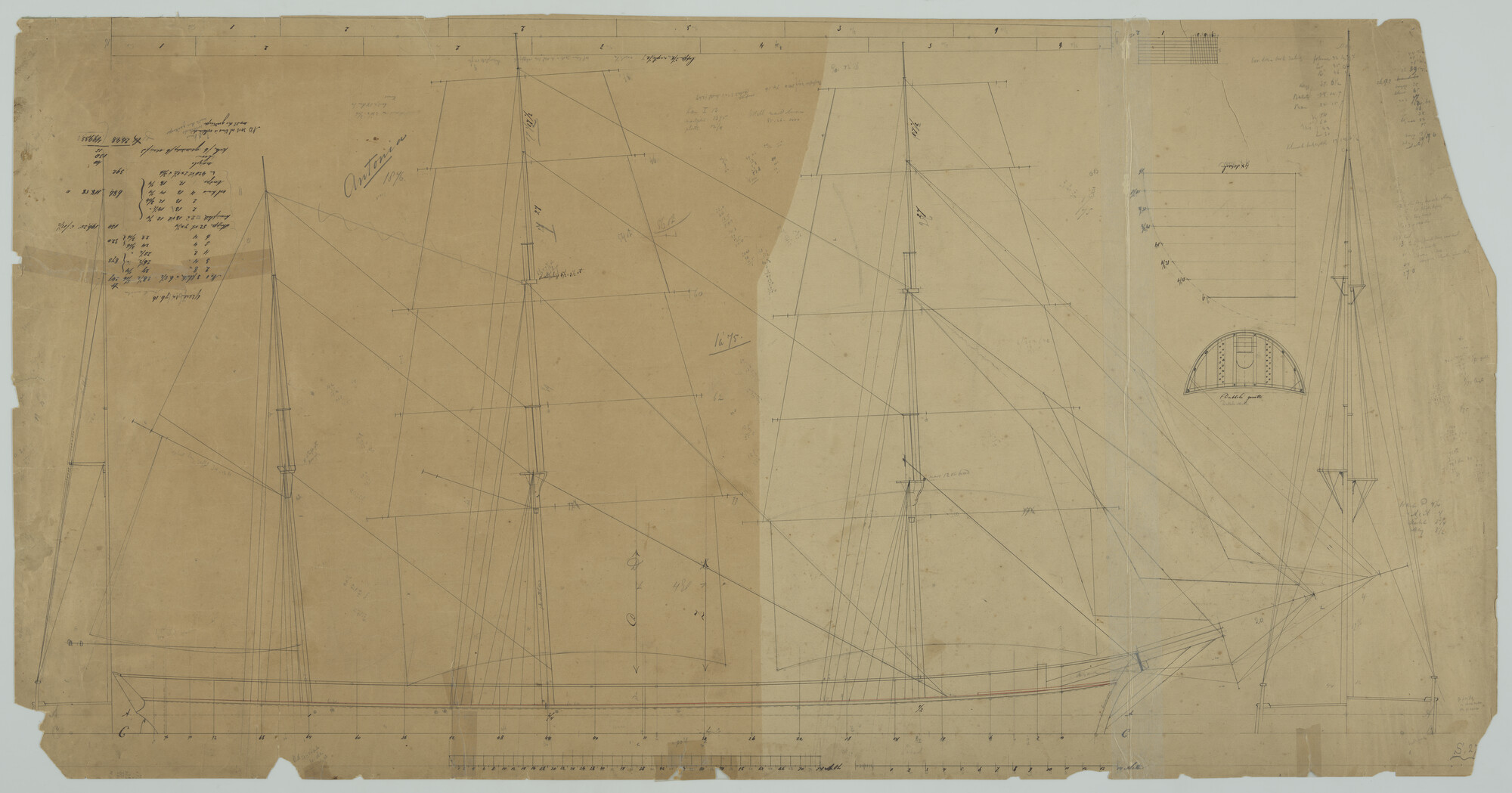 S.0027(027); Zeilplan van het barkschip 'Antonia'; technische tekening