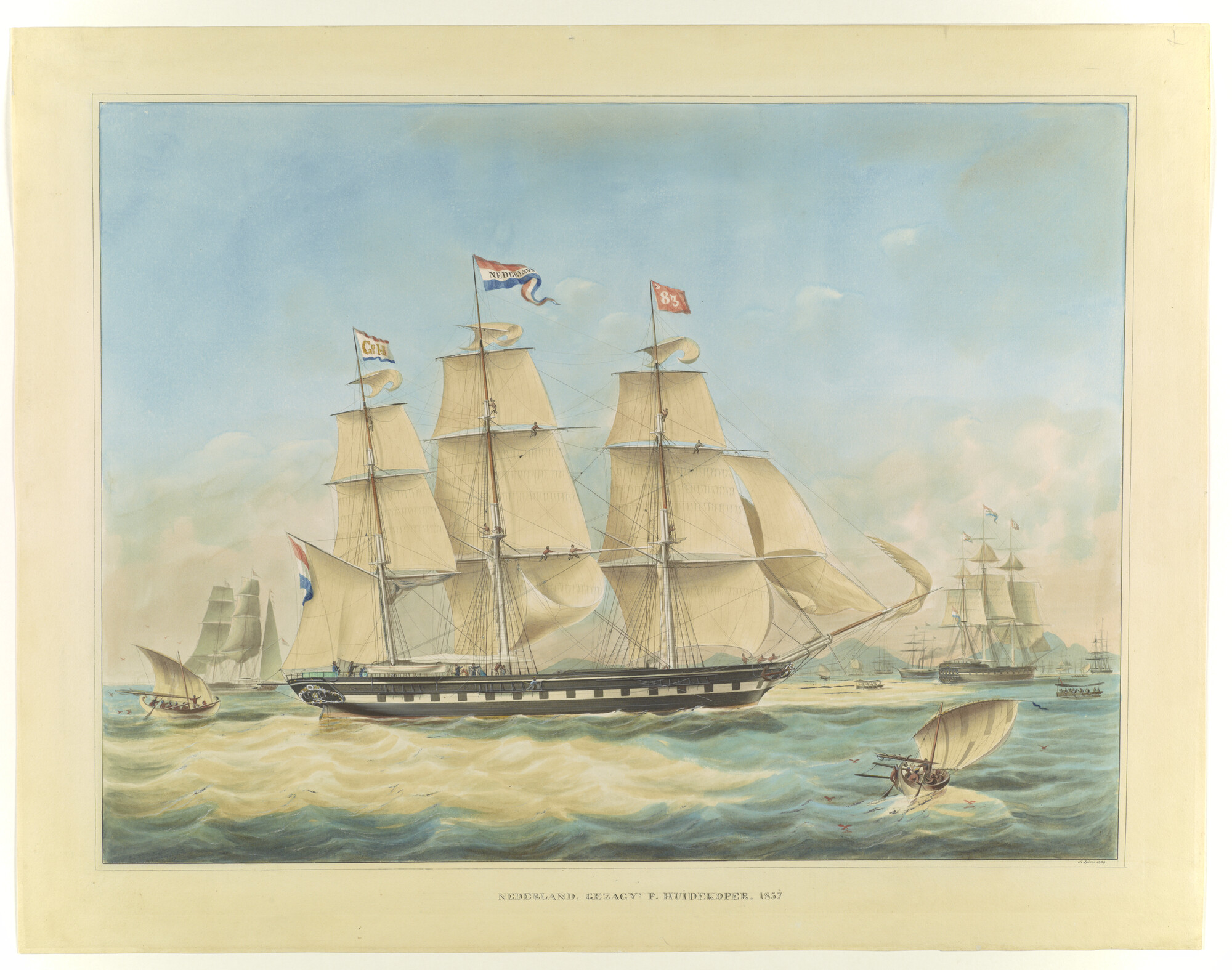 S.3071; Het fregatschip Nederland op de rede van Batavia; tekening