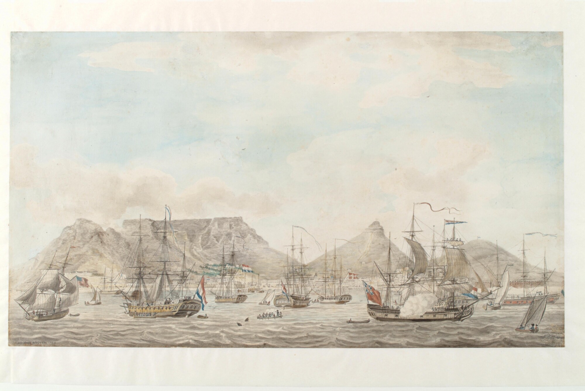 A.1521(01); 's Lands eskader onder bevel van Kapitein Cornelius de Jong ten anker op de rede van Kaapstad; tekening