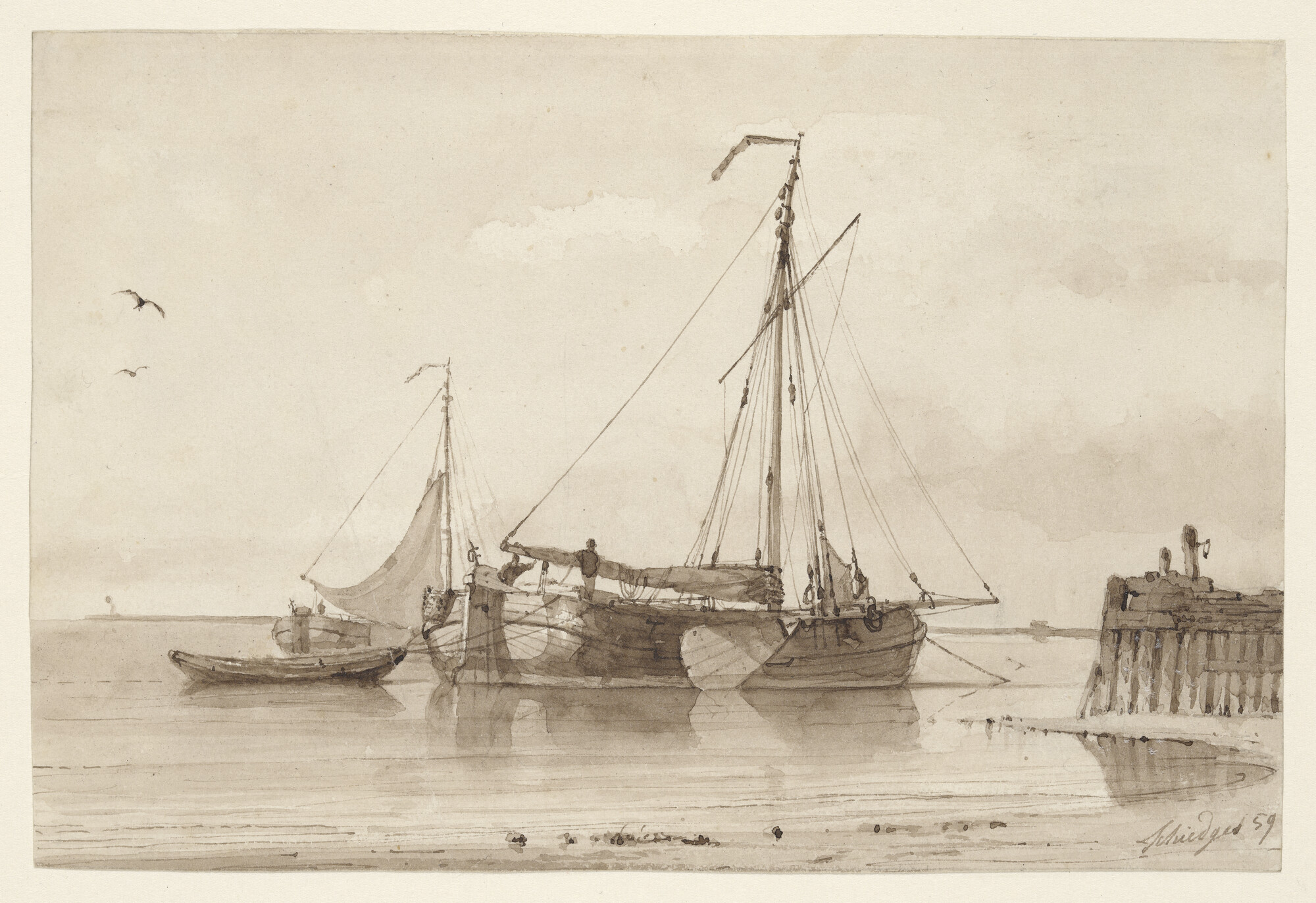 A.2049(04); Een tjalk voor anker liggend nabij een havenhoofd; tekening