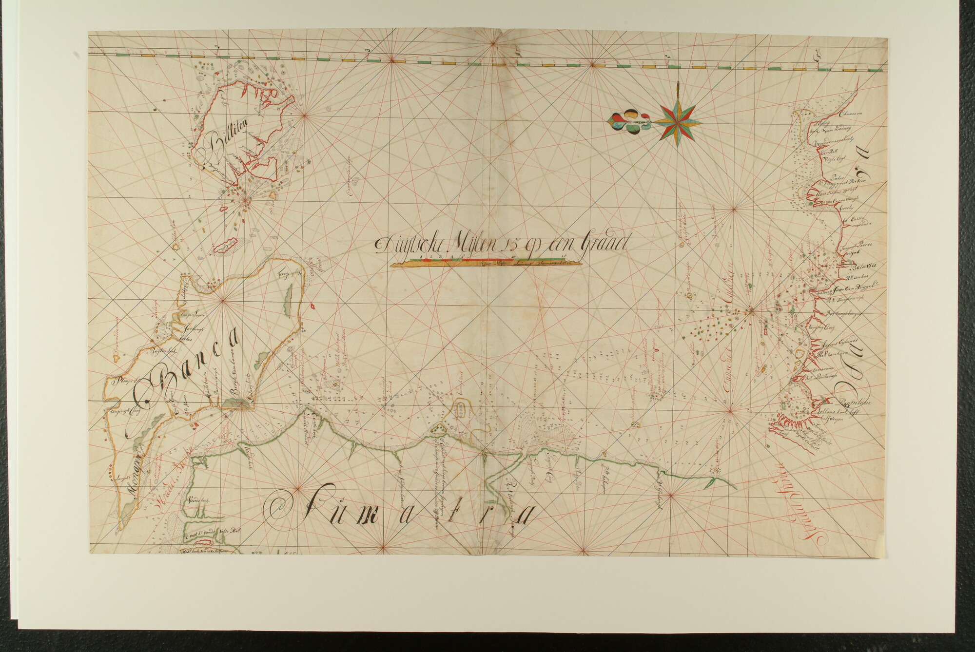 A.4974(02); Gekleurde handschriftkaart van Straat Banca en omgeving; zeekaart