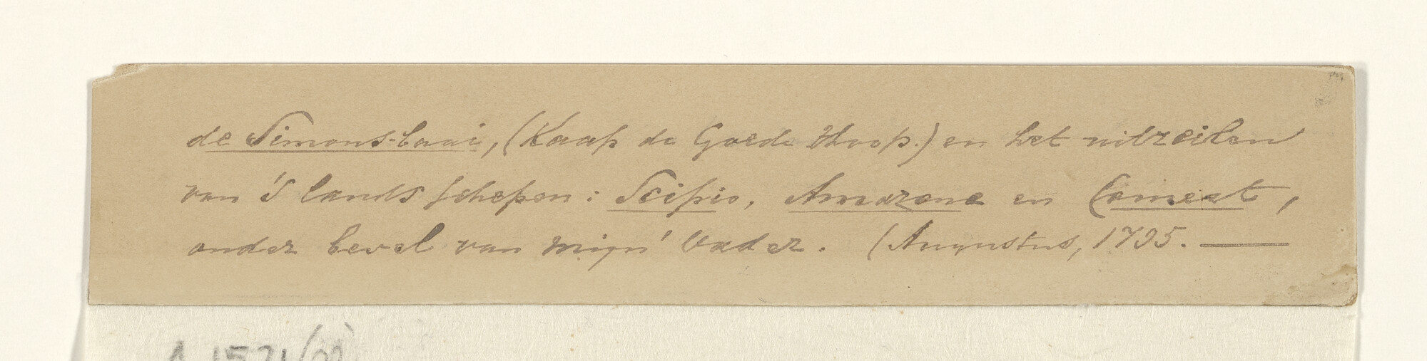 A.1521(02); Het uitzeilen van 's Lands eskader onder bevel van Kapitein Cornelius de Jong van de rede van Kaapstad; tekening
