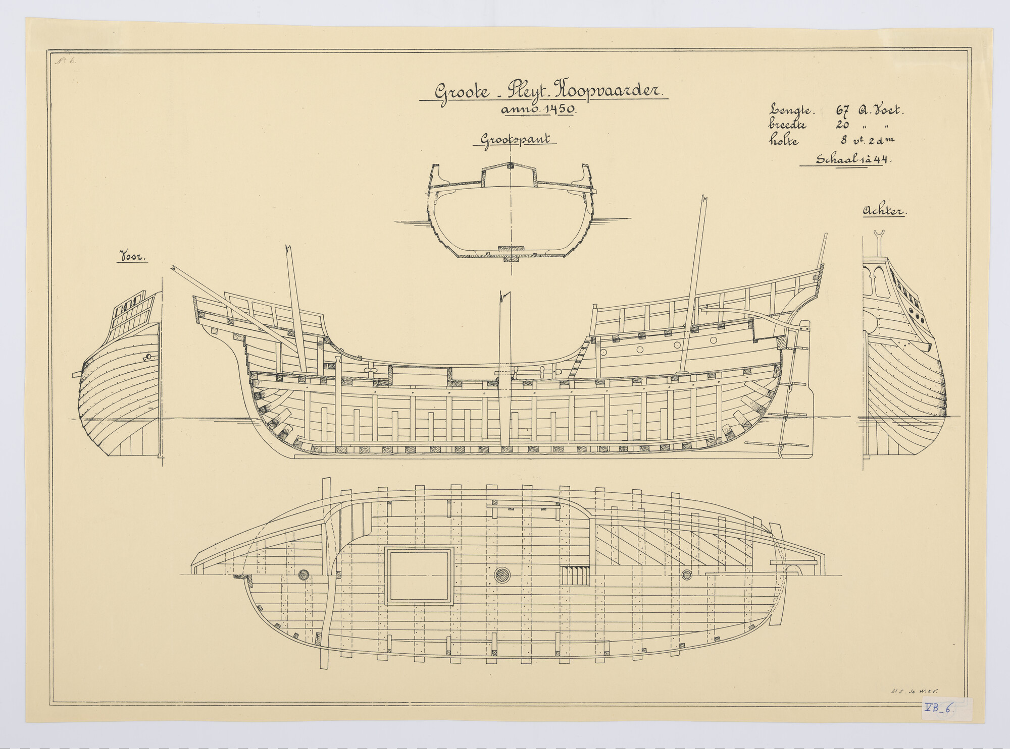 S.1203a(06); Grootspant, verticale langsdoorsnede en bovenaanzicht van een Groote Pleyt anno 1450; technische tekening