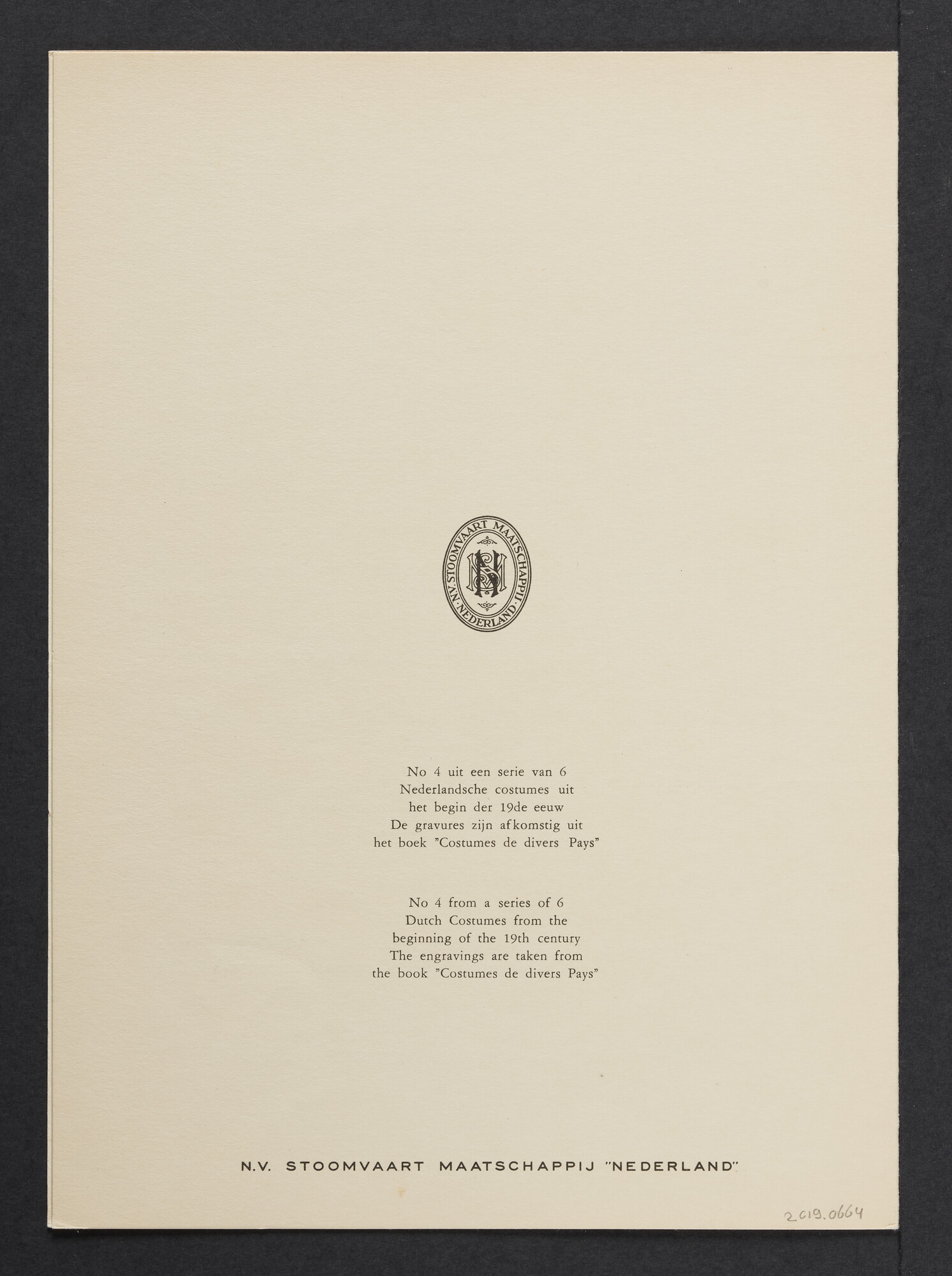 2019.0664; Menukaart voor het diner eerste klas a/b ms. Oranje 27 april 1957; menukaart