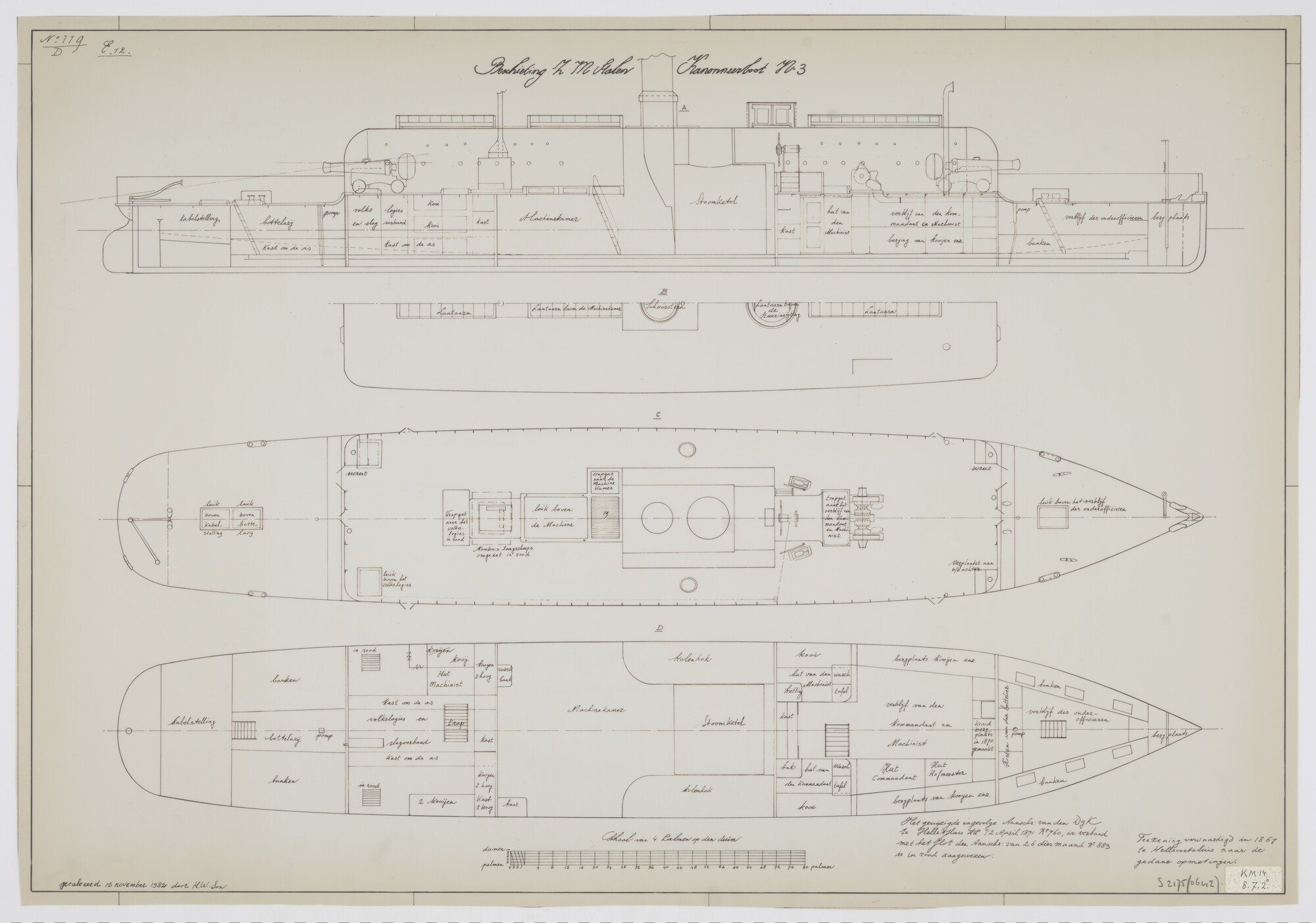 S.2175(0642); Zr.Ms. 'Stoomkanonneerboot No. 3' ('Handig en Vlug'); technische tekening