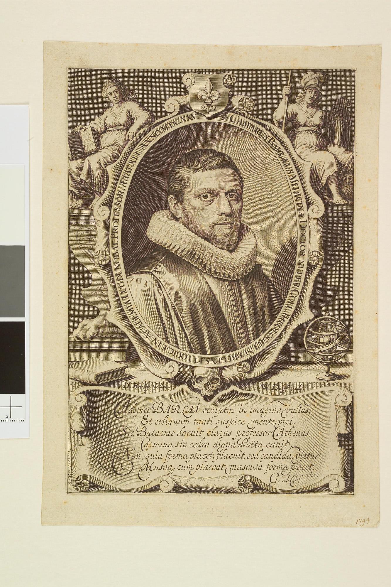 A.0963(07); Portret van Caspar Barlaeus, bortsbeeld in ovaal met daaronder een zesregelig Latijns gedicht door W. v; prent