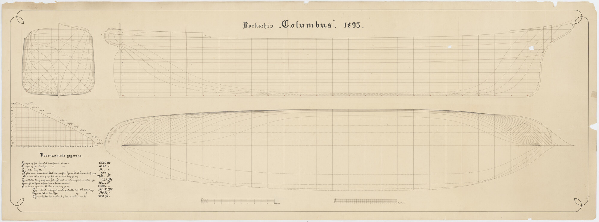 2012.1390; Lijnenplan van het barkschip 'Columbus' (1893) van 65.60 meter; technische tekening