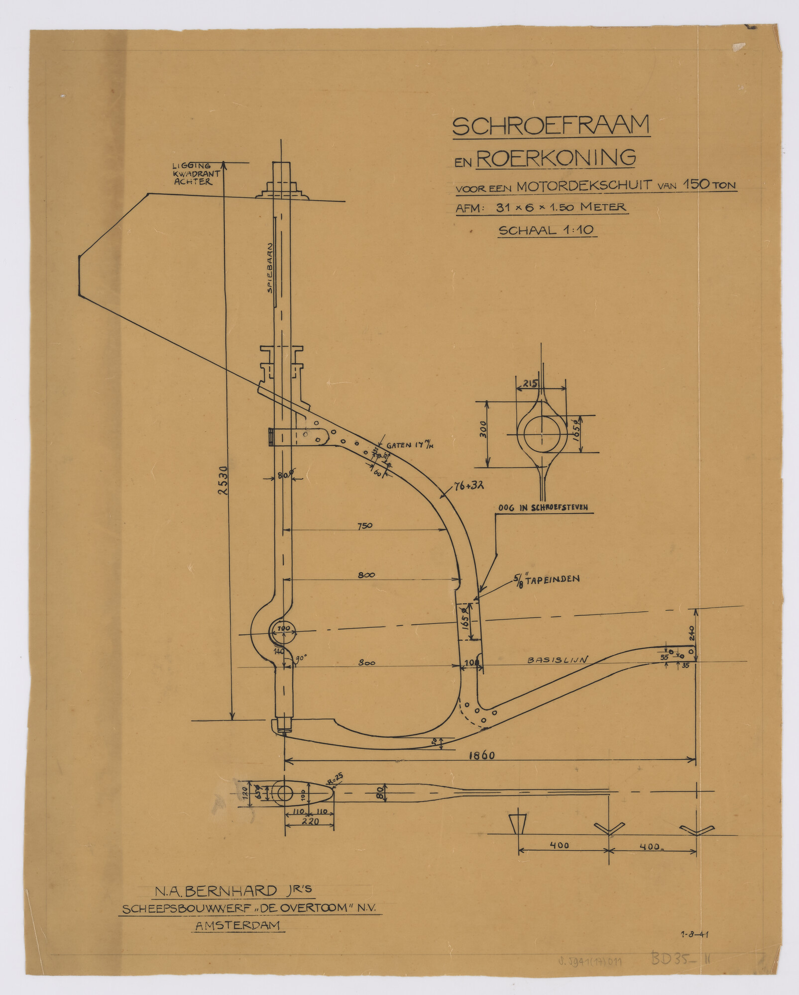 S.5941(17)011; Constructietekening schroefraam en roerkoning 150 tons motordekschuit; technische tekening