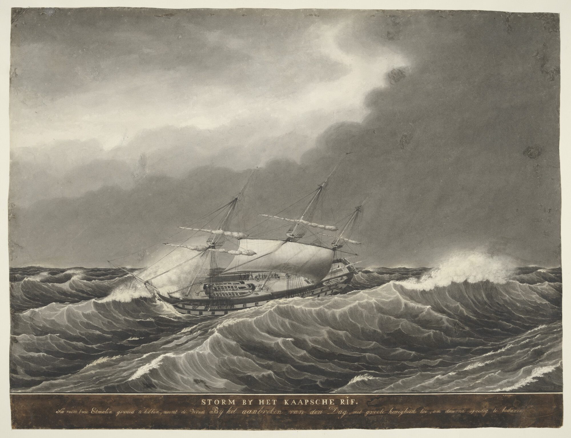 S.1277(01)38; Oorlogsschip in stormweer bij het Kaapse Rif, omstreeks 1820; tekening