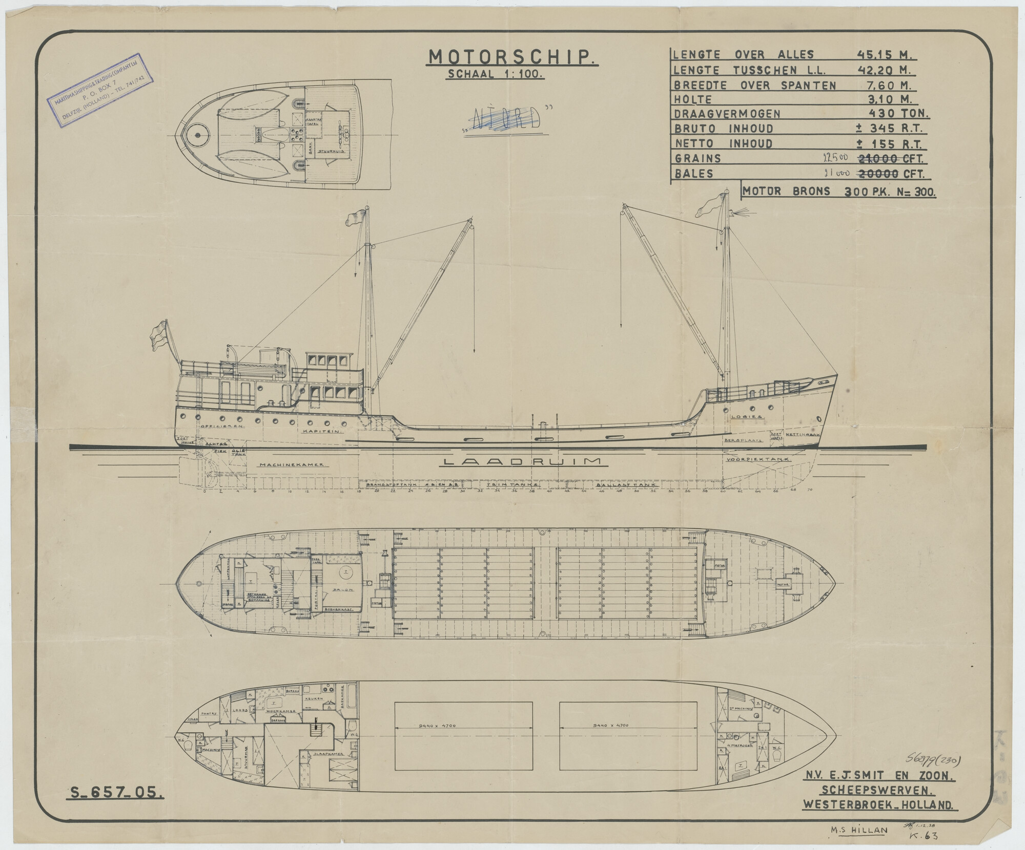 S.6879(230); Algemeen plan van een de coaster ms. 'Hillan'; technische tekening