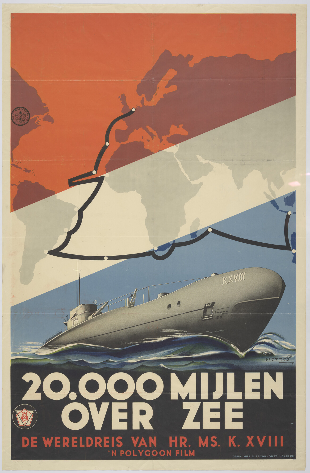 S.5825(03); Aankondiging van de film over de wereldreis van Hr.Ms. onderzeeboot K XVIII; affiche