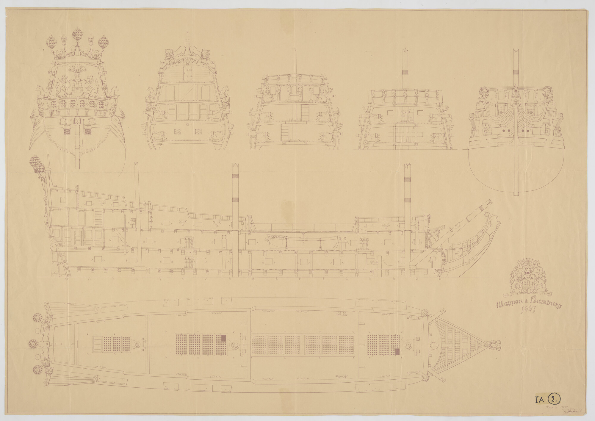 A.5335(03); Algemeen plan van het linieschip 'Wappen von Hamburg'; technische tekening