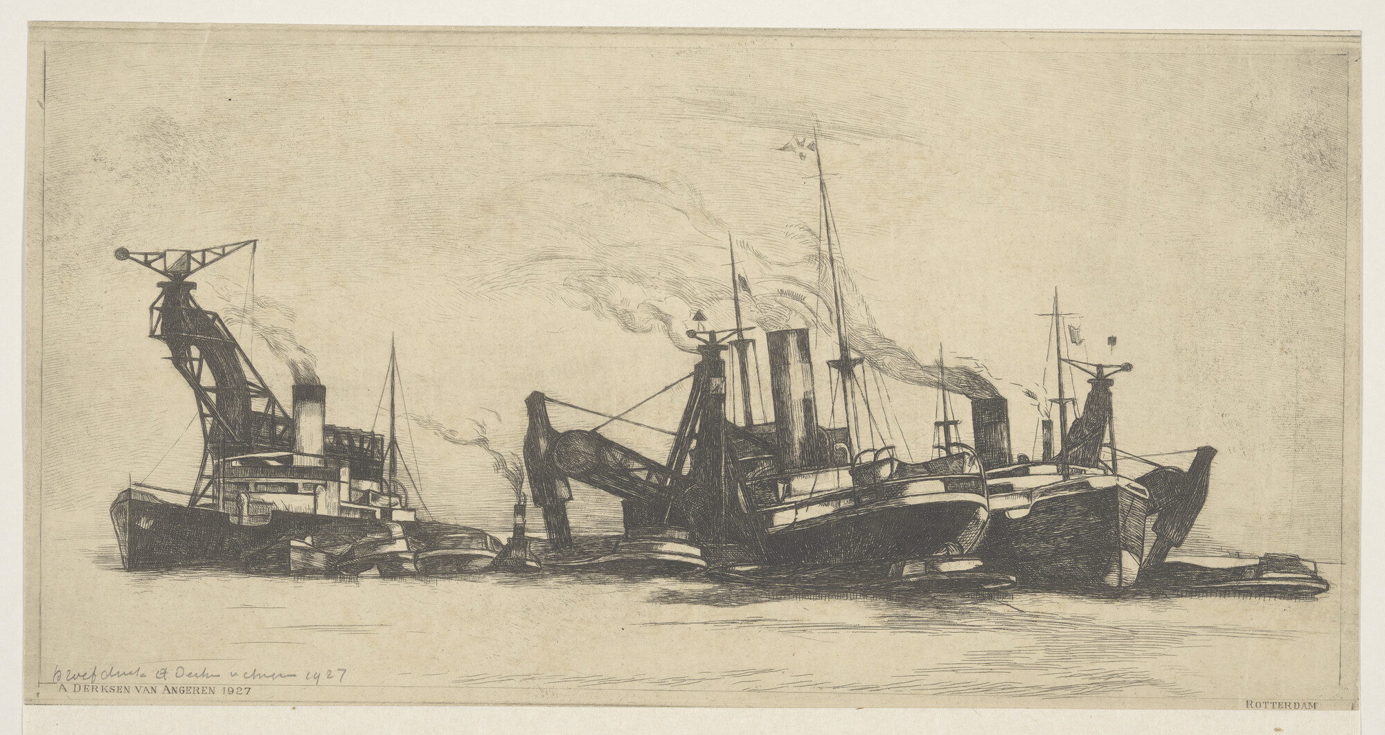 1996.1528; Overslag op stroom in de haven van Rotterdam; prent