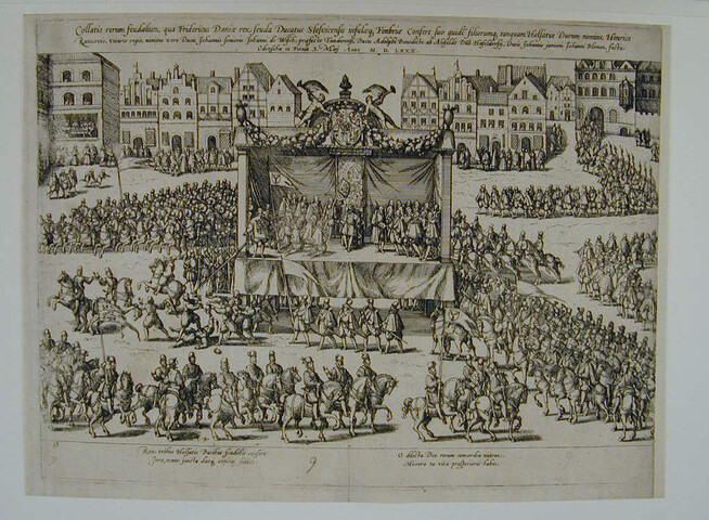 A.0145(027)380; Belening van Hendrik Ranzov, door koning Frederik II van Denemarken; prent