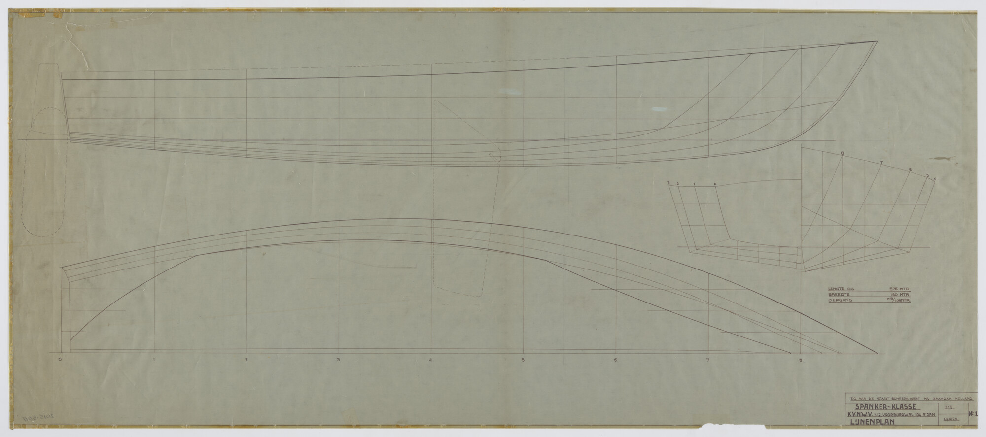 2015.5011; Lijnenplan van de open houten knikspant zeilboot met midzwaard Van de Stadt Spanker; technische tekening