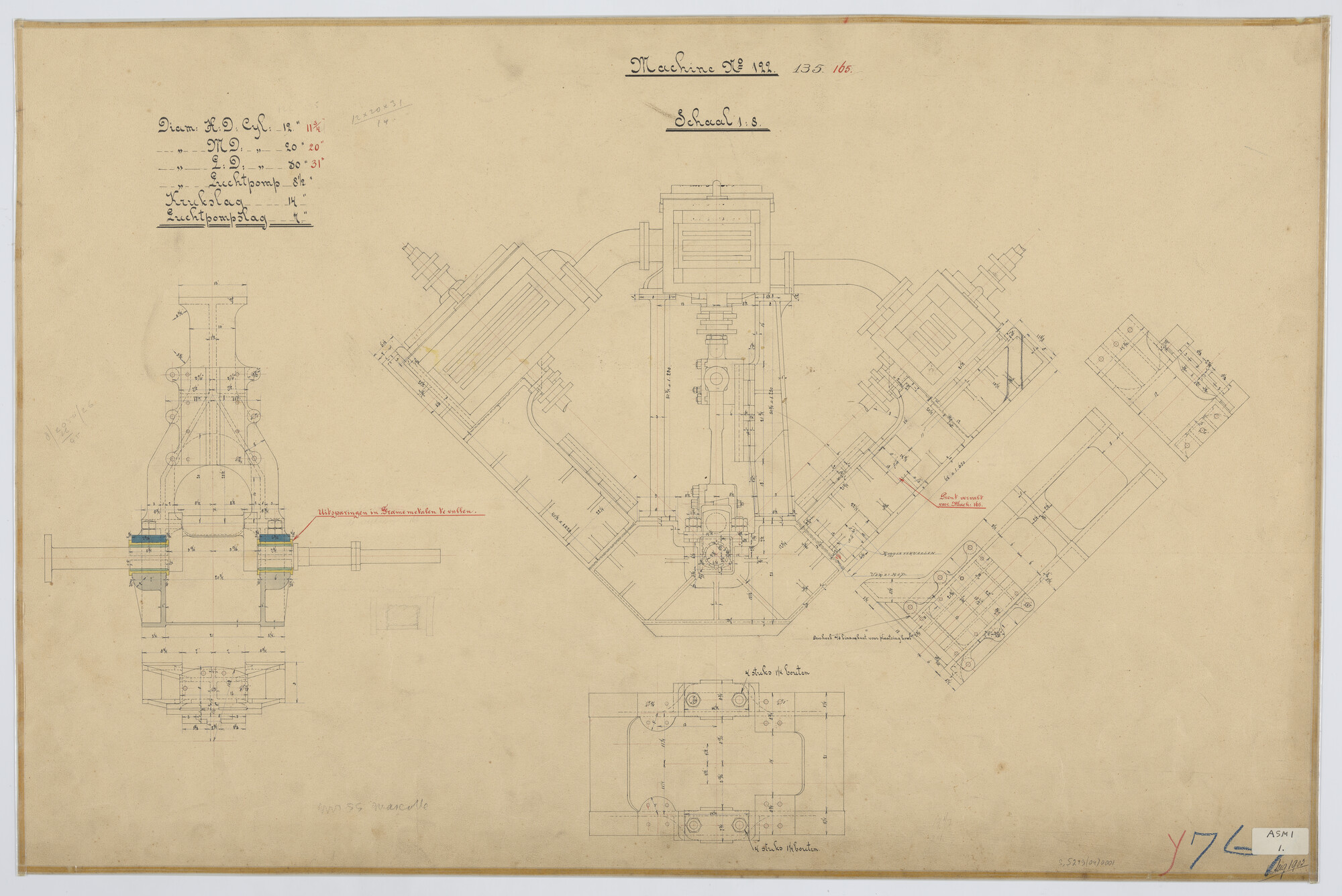 S.5219(04)0001; Algemeen plan machine nr. 122, 135, 165; technische tekening