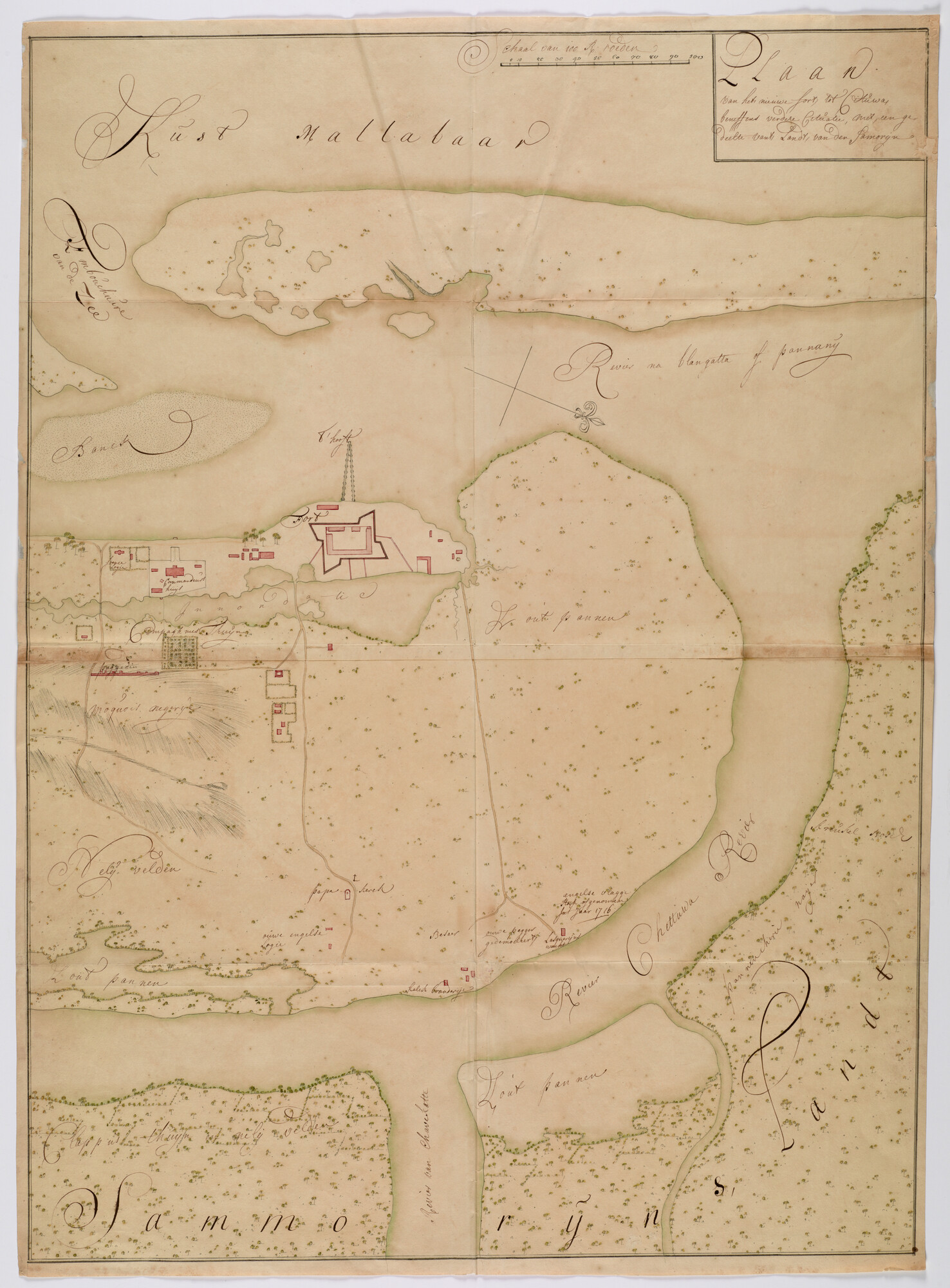 A.2444(03); Gekleurde handschriftkaart van een fort bij Cituwa in Malabar; landkaart