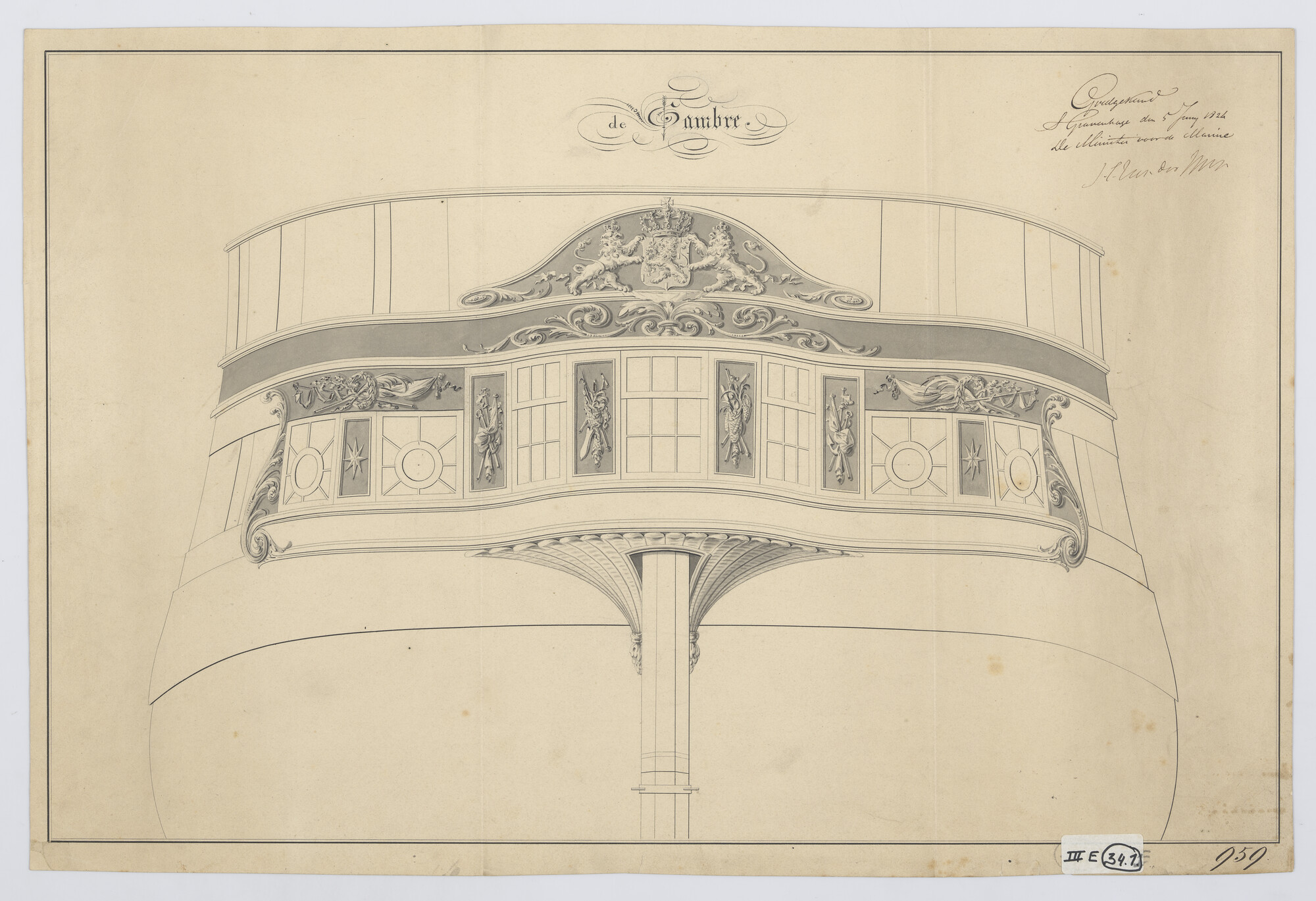 S.1214(0251); Spiegel van het fregat 'Sambre'; technische tekening