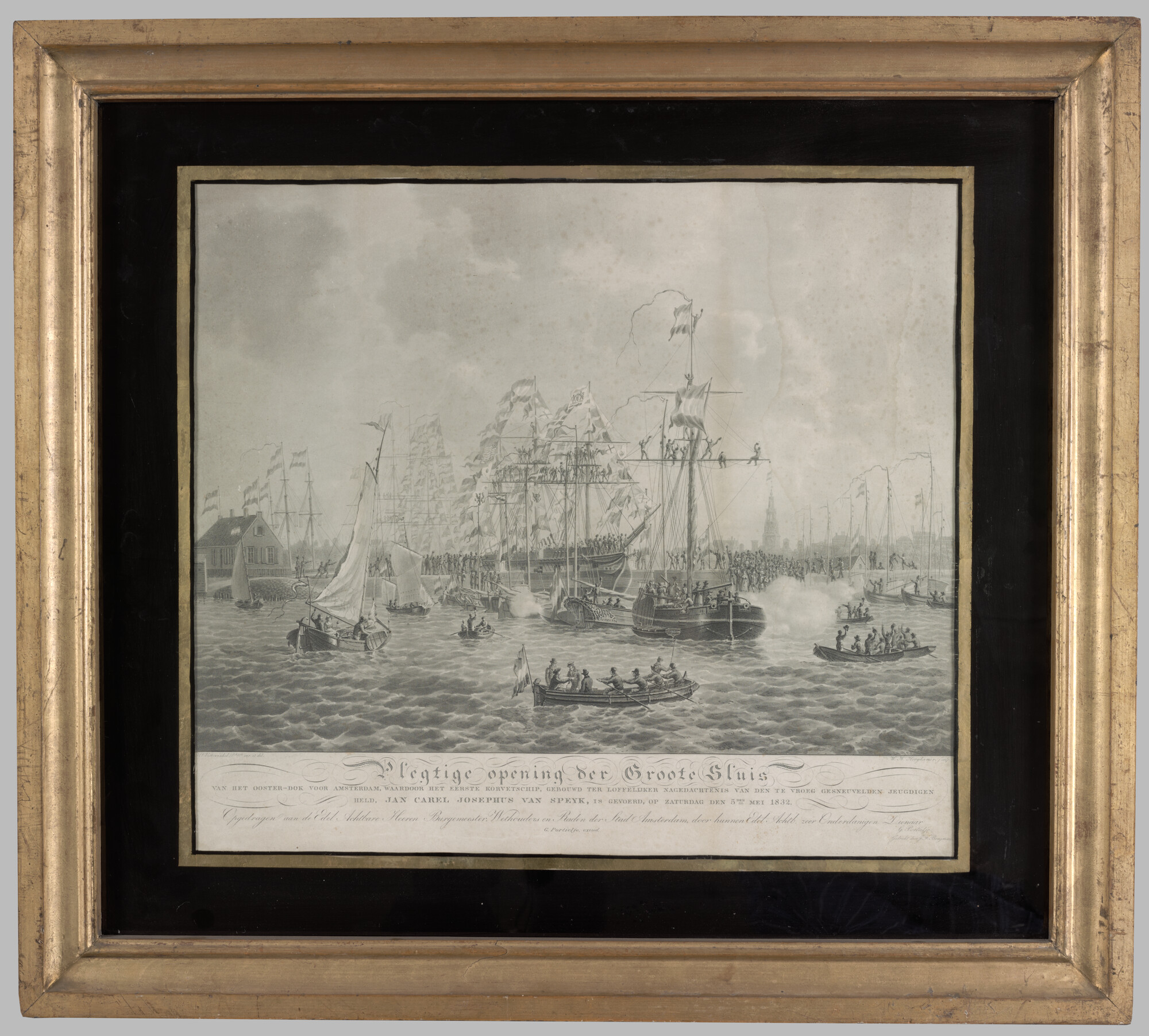 S.3338(02); De plechtige opening van de Groote Sluis in het Oosterdok te Amsterdam; prent