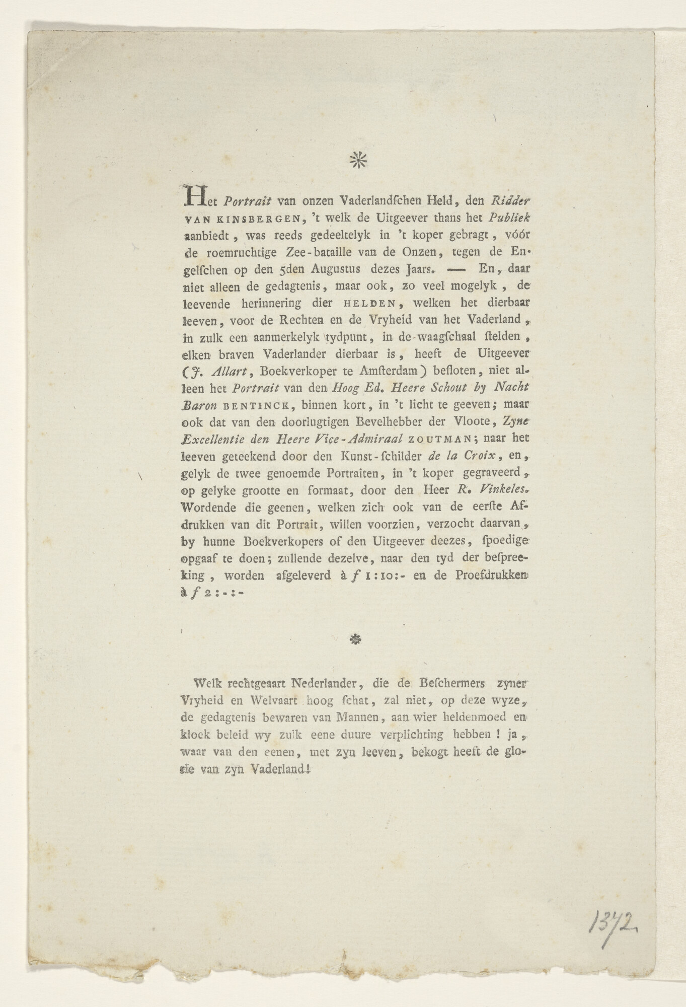 A.0145(179) [nr 0035]; Tekst behorende bij het portret van J.H. Van Kinsbergen; prent