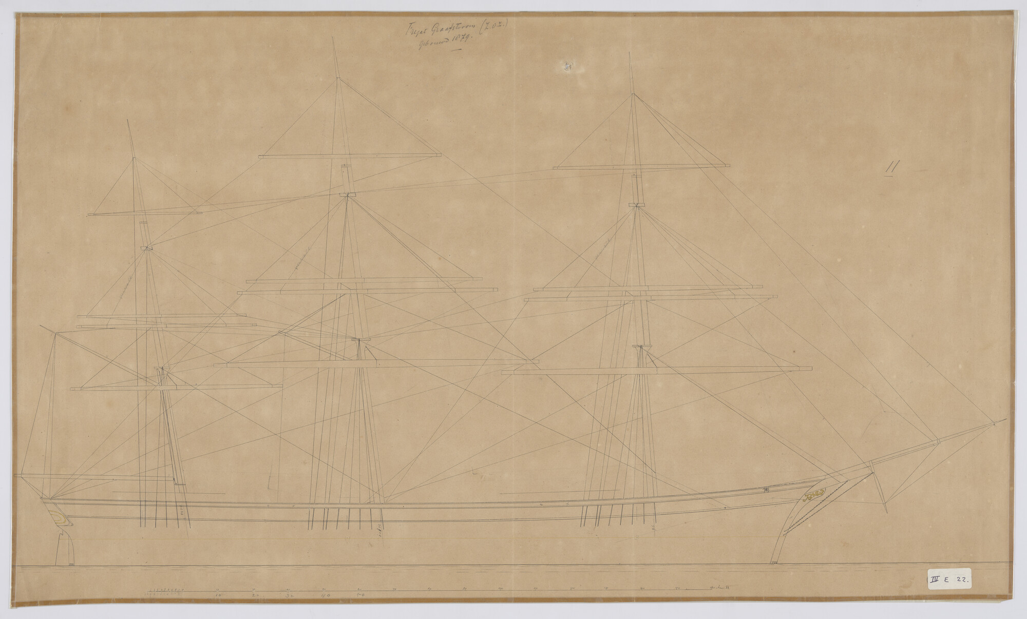 S.0305(32); Zijaanzicht met tuigplan van het fregatschip Graafstroom 1879; technische tekening