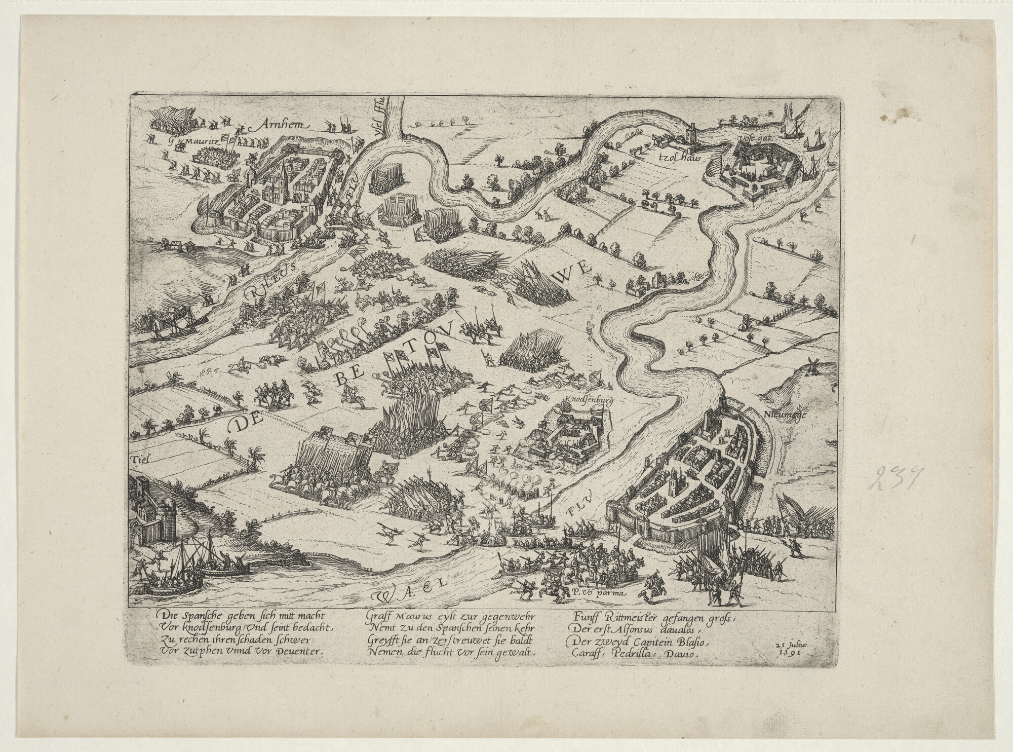 A.0145(027)297; Maurits verslaat de Spanjaarden bij Nijmegen, 25 juli 1591; prent
