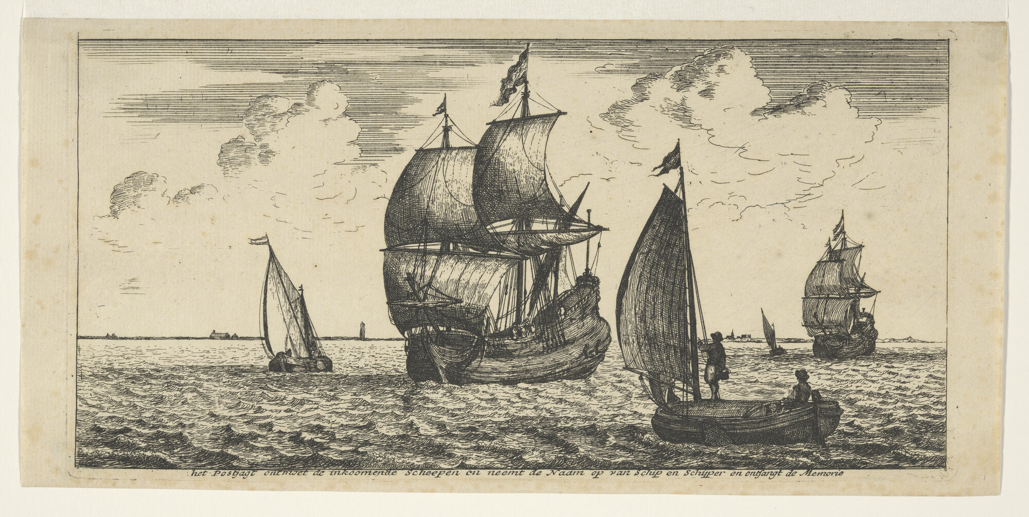 A.0149(0762); Het Postjagt ontmoet de inkoomende scheepen en neemt de Naam op van schip en schipper en ontvangt de Memorie; prent