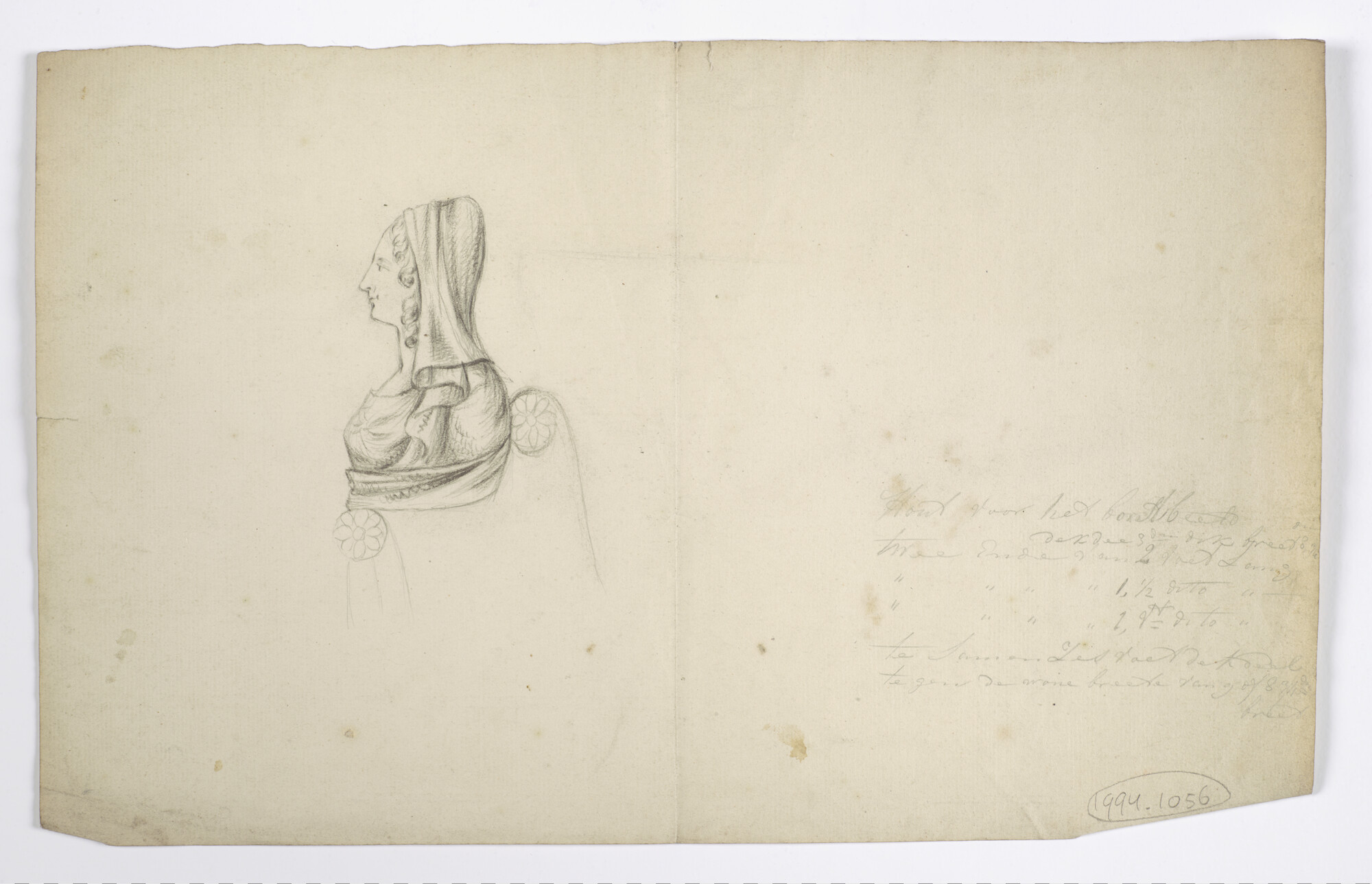 1994.1056; Tekening van een borstbeeld van een vrouw; tekening