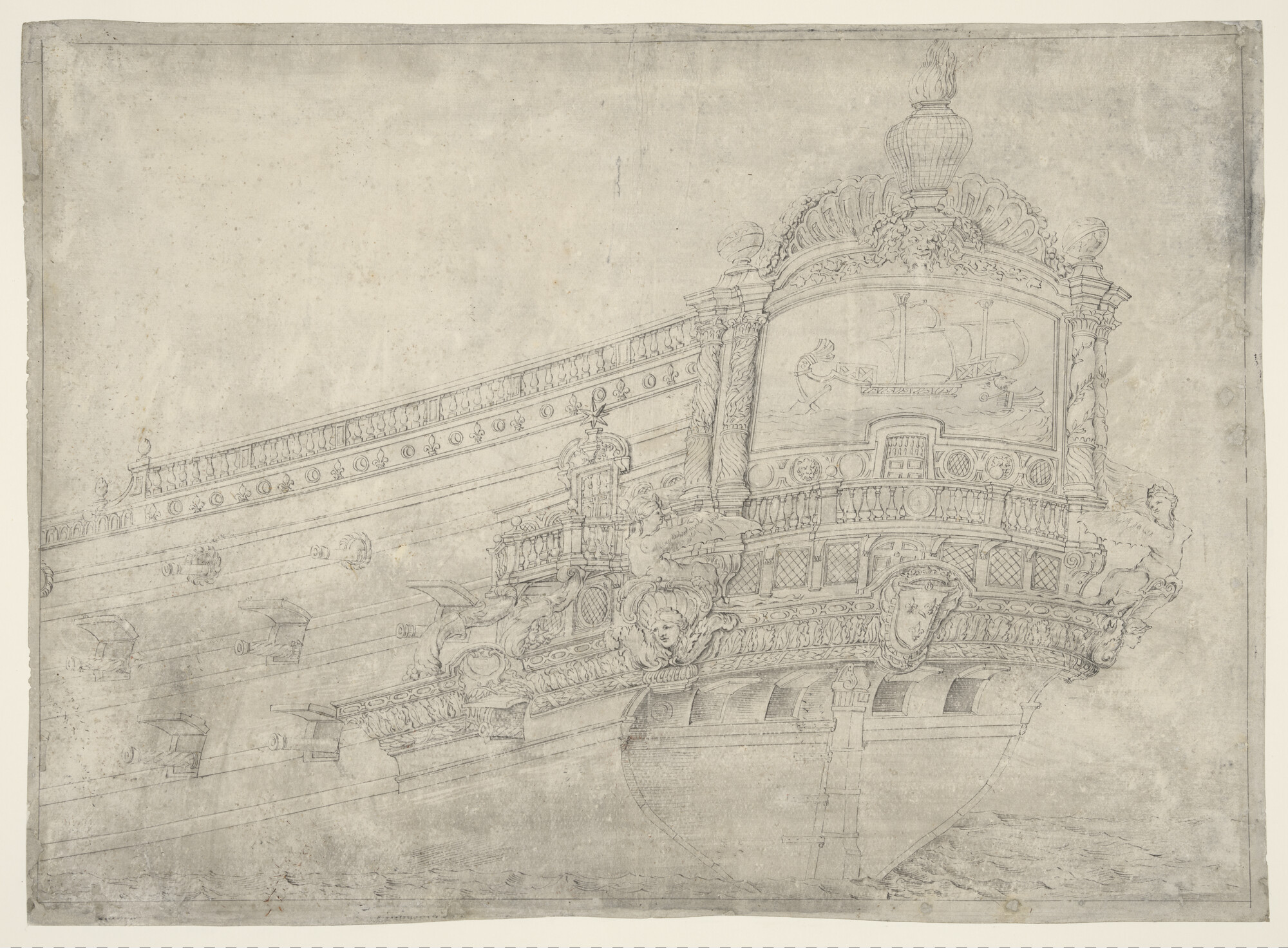 A.0149(0299); Het achterschip van het oorlogsschip 'Paris'; tekening
