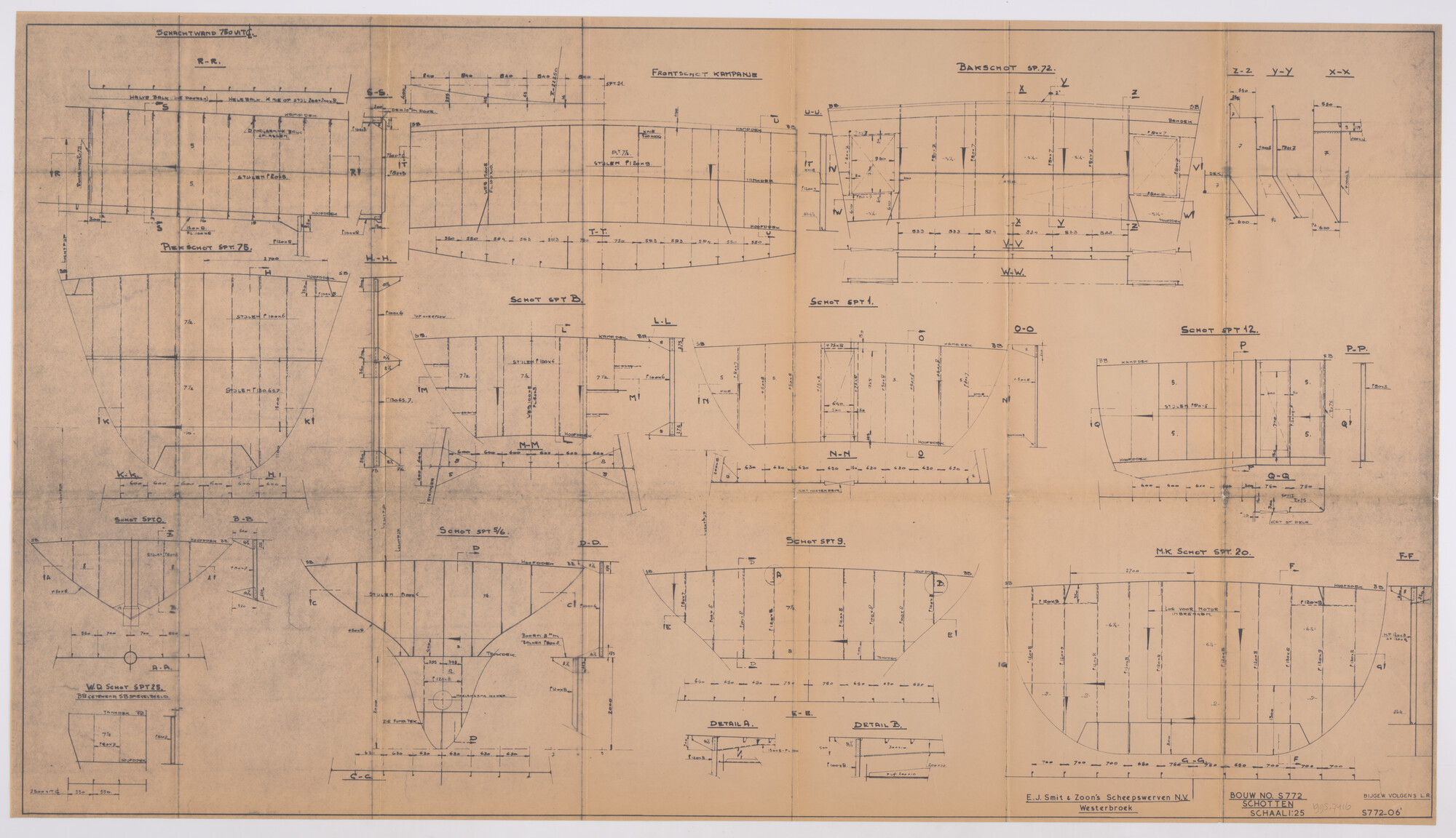 1995.7416; Constructieplan (1:50) van de coaster ms. 'Lucy' van Wijnne & Barends; technische tekening