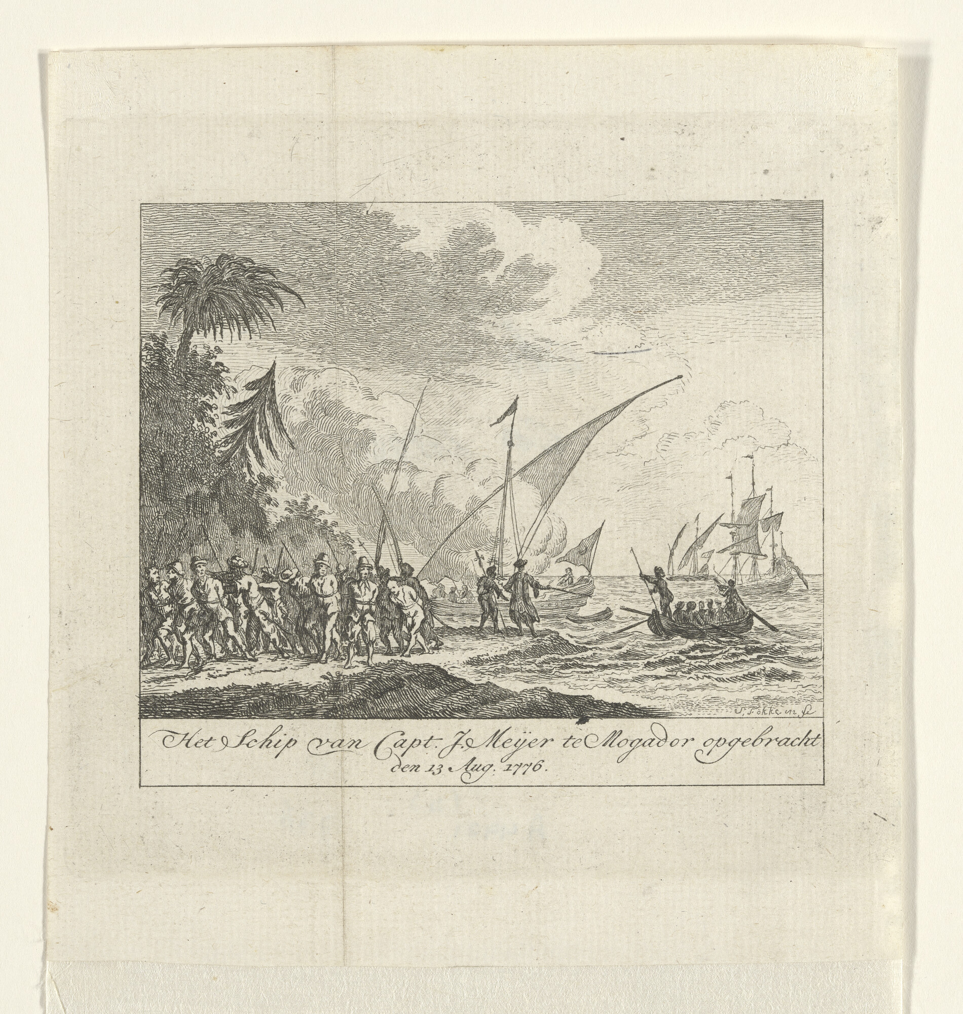 A.4421(b); Het schip van Kapitein J. Meijer te Mogador opgebracht op 13 augustus 1776; prent