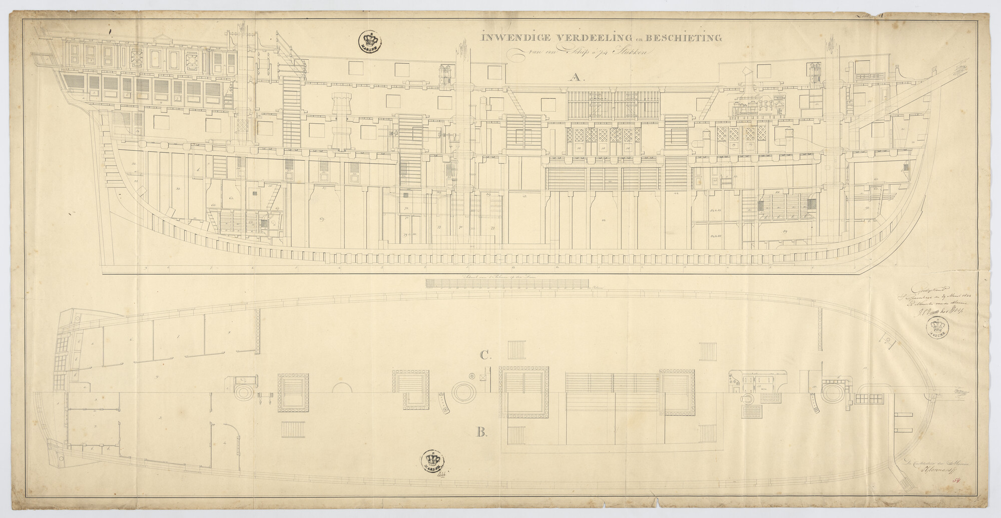 S.2599(0028); Indelingsplan van een fregat van 74 stukken; technische tekening