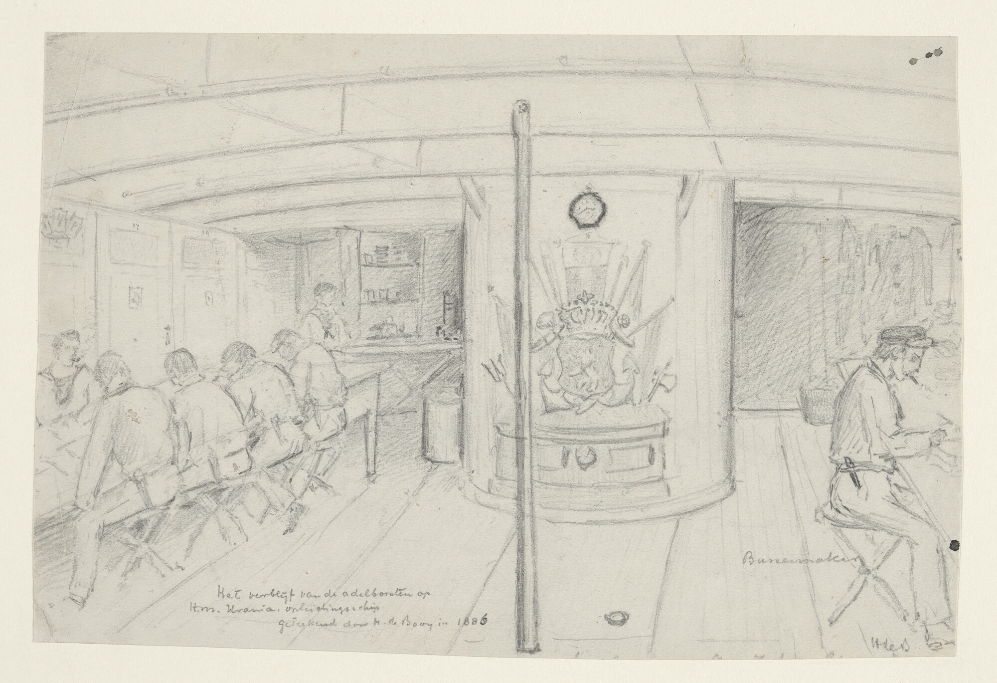 S.2180(02); Het adelborstenverblijf aan boord van instructievaartuig Zr.Ms. 'Urania'; tekening
