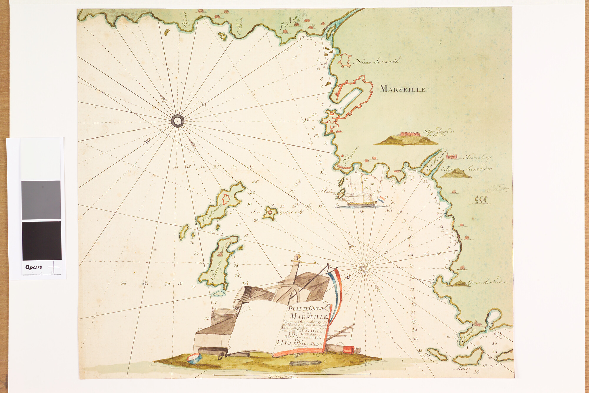 A.1744(01)d; Gekleurde plattegrond van Marseille op 5 november 1785 opgenomen door luitenant ter zee; zeekaart