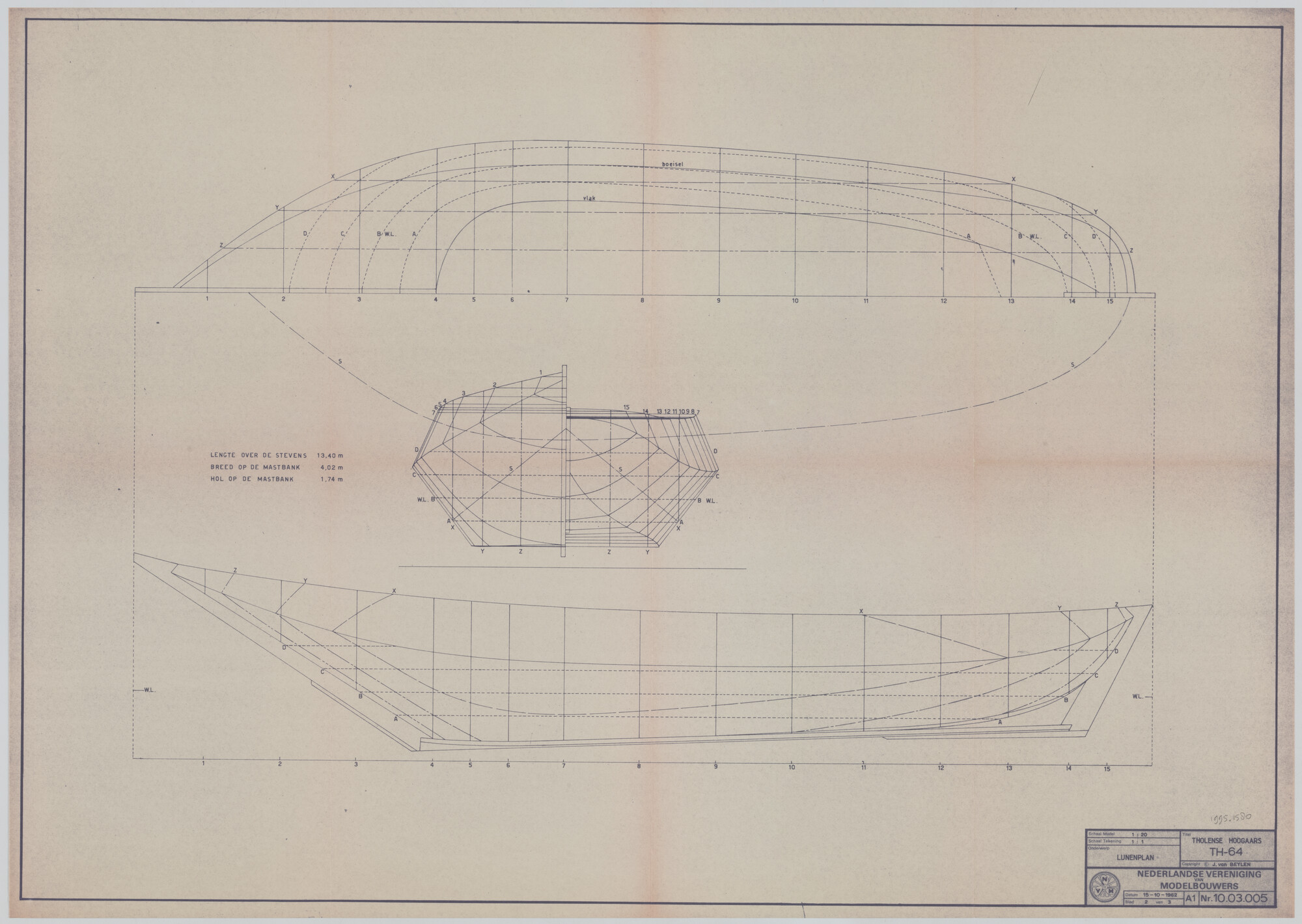 1995.1580; Lijnenplan van een Tholense hoogaars; technische tekening