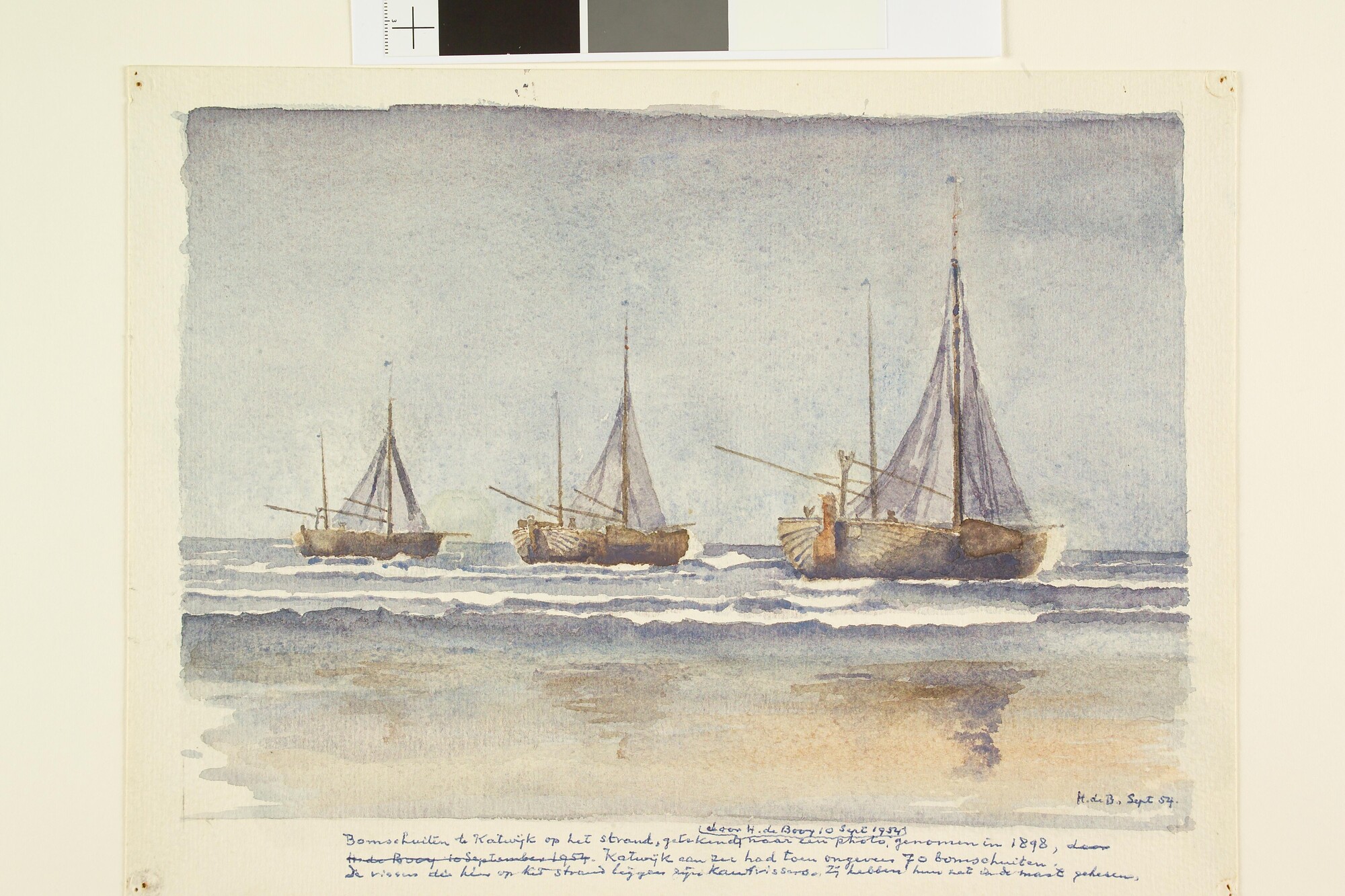 S.2893(02); Bomschuiten in de branding; tekening