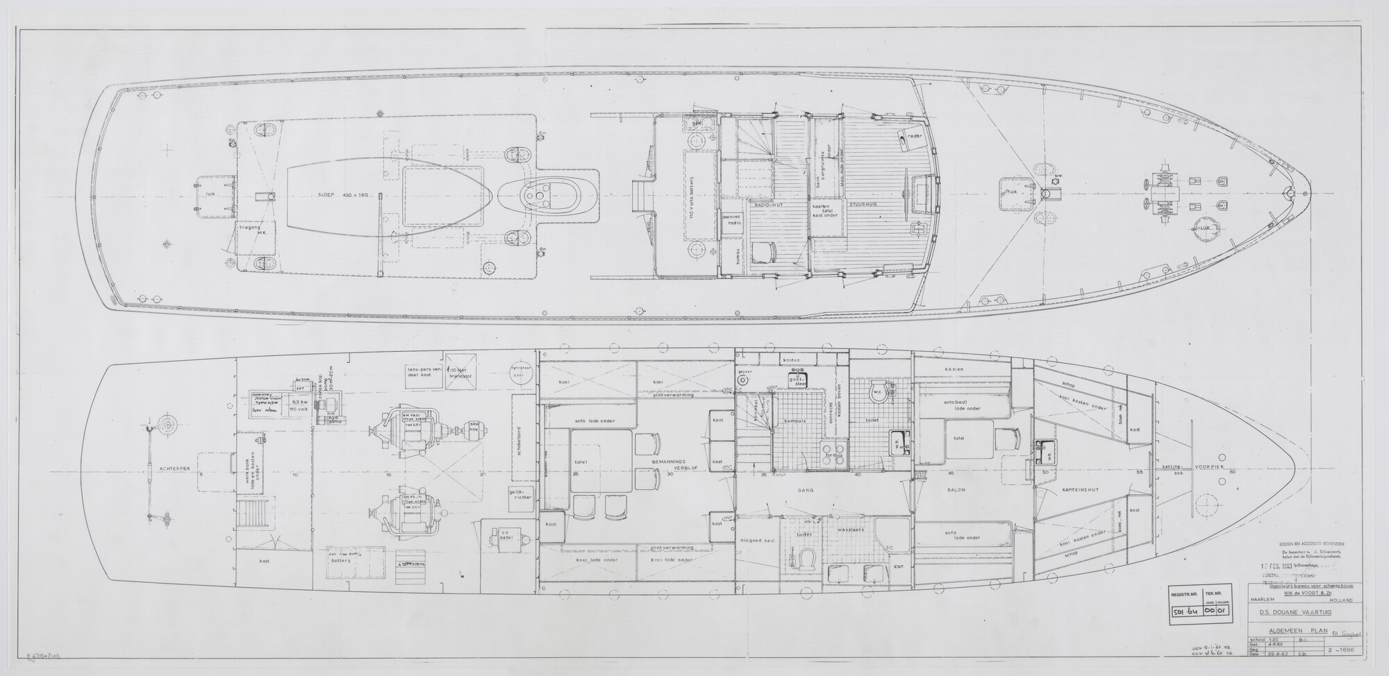 2013.0549; Indelingsplan van het douane-patrouilleschip Alexander Gogel van 25.60 meter; technische tekening