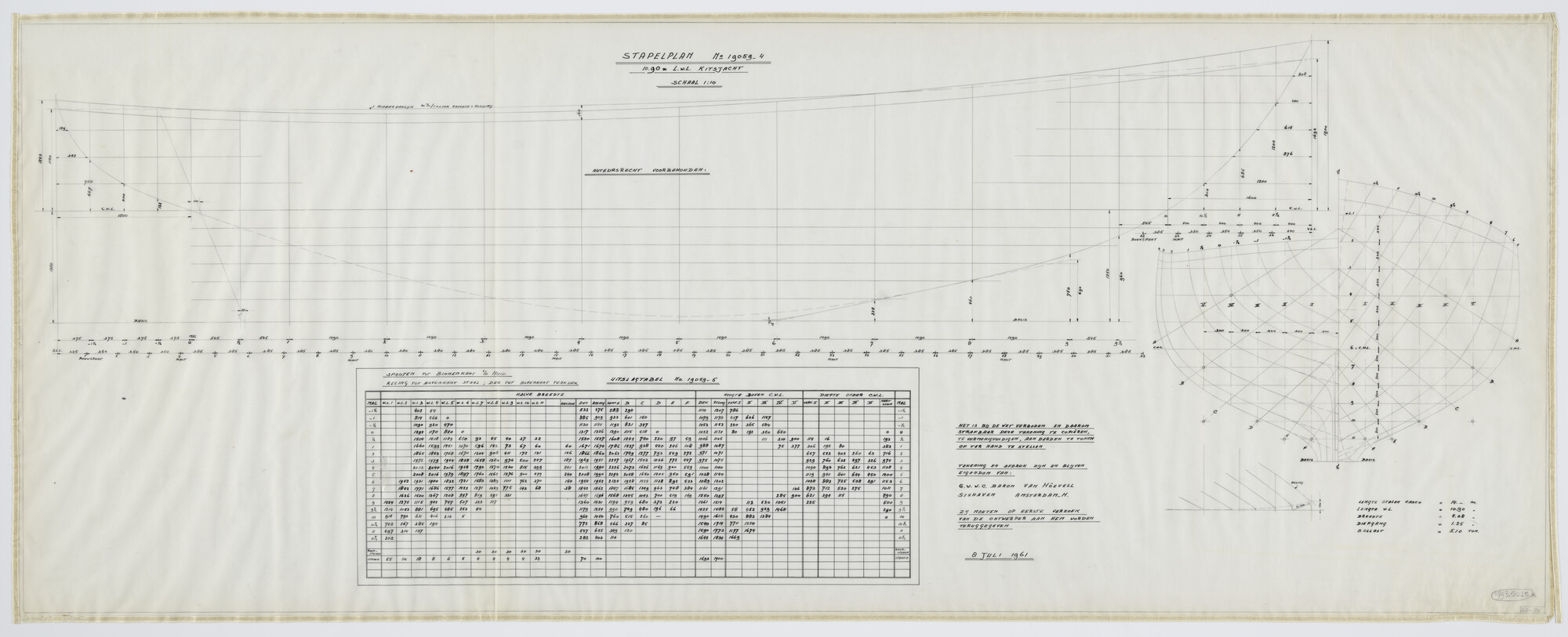1993.5025a; Stapelplan en uitslagtabel midzwaardkitsjacht St. Brandaan; technische tekening