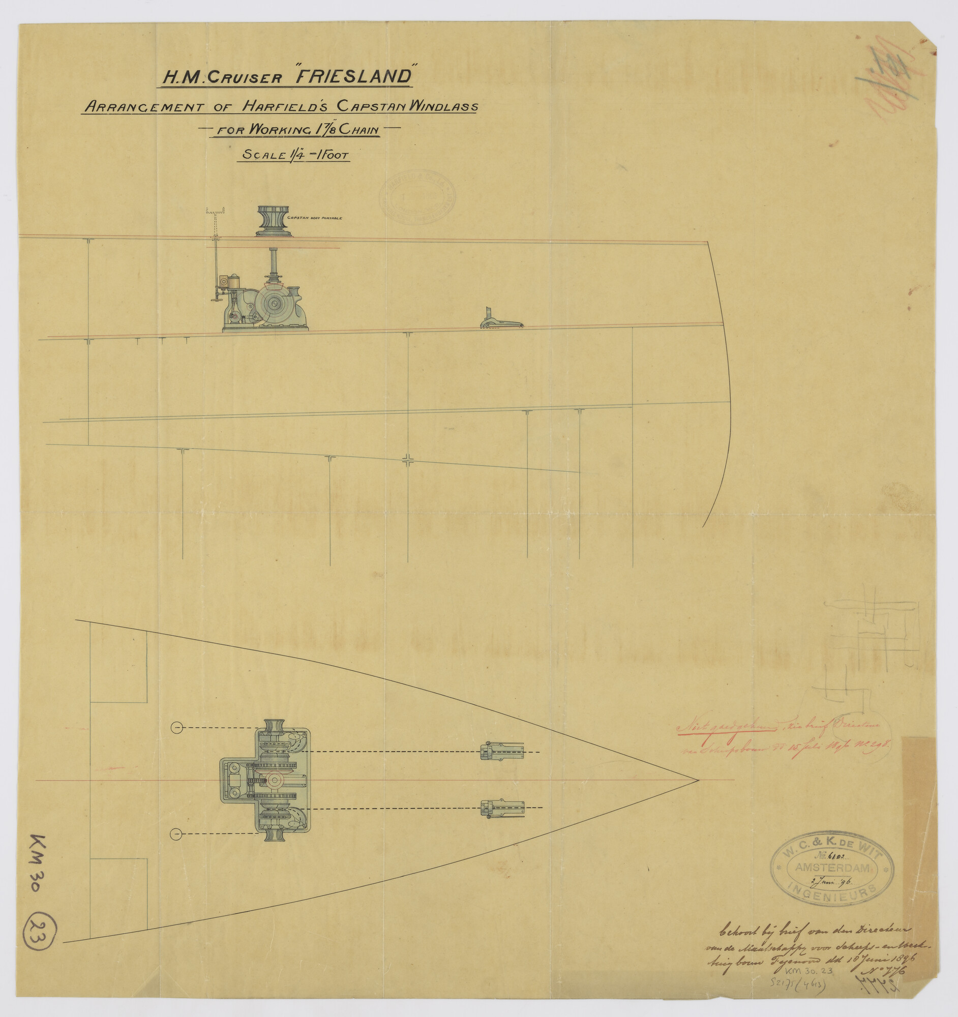 S.2175(4613); Ankerinrichting van het pantserdekschip Hr.Ms. 'Friesland'.; technische tekening