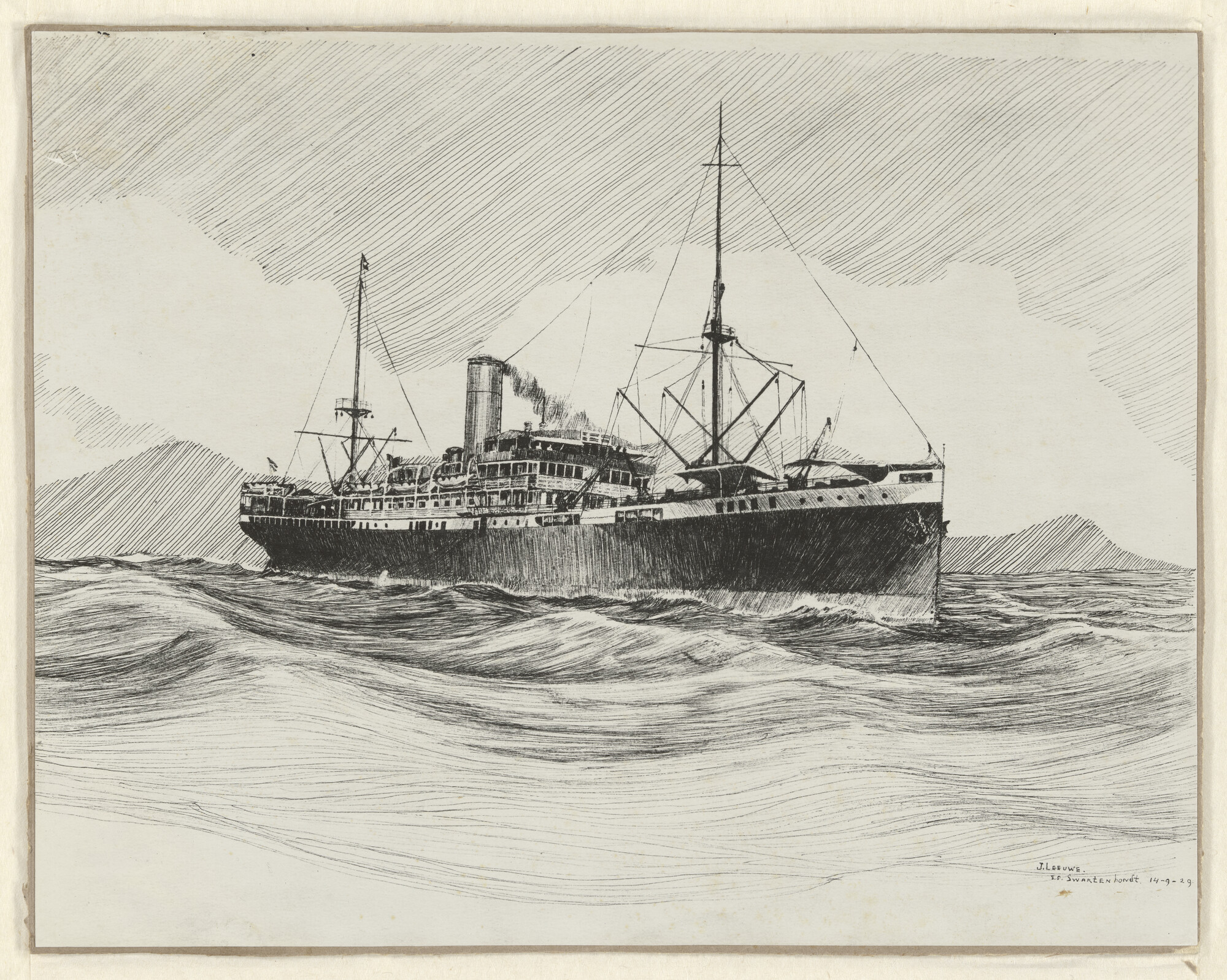 S.1347(01); Foto van een tekening door J. Leeuwe van het ss. Swartenhondt van de KPM; foto
