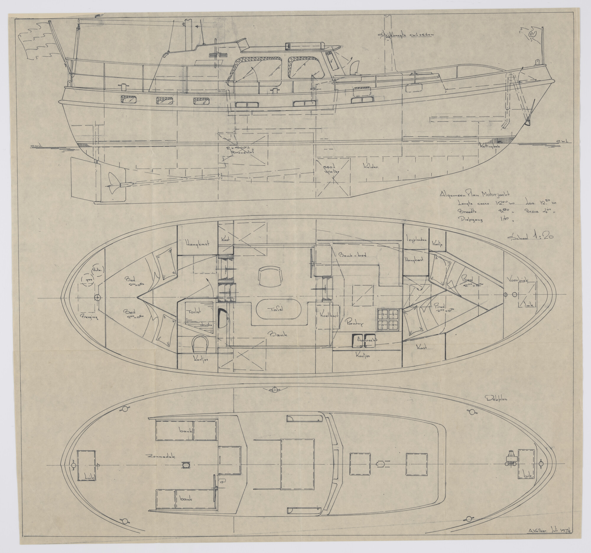 2010.0029; Algemeen plan van een motorjacht lengte 12 meter; technische tekening